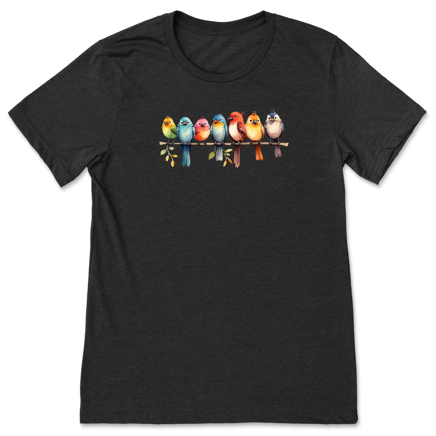 Black Heather bird t-shirt for nature lovers that has a row of colorful birds sitting on a branch.
