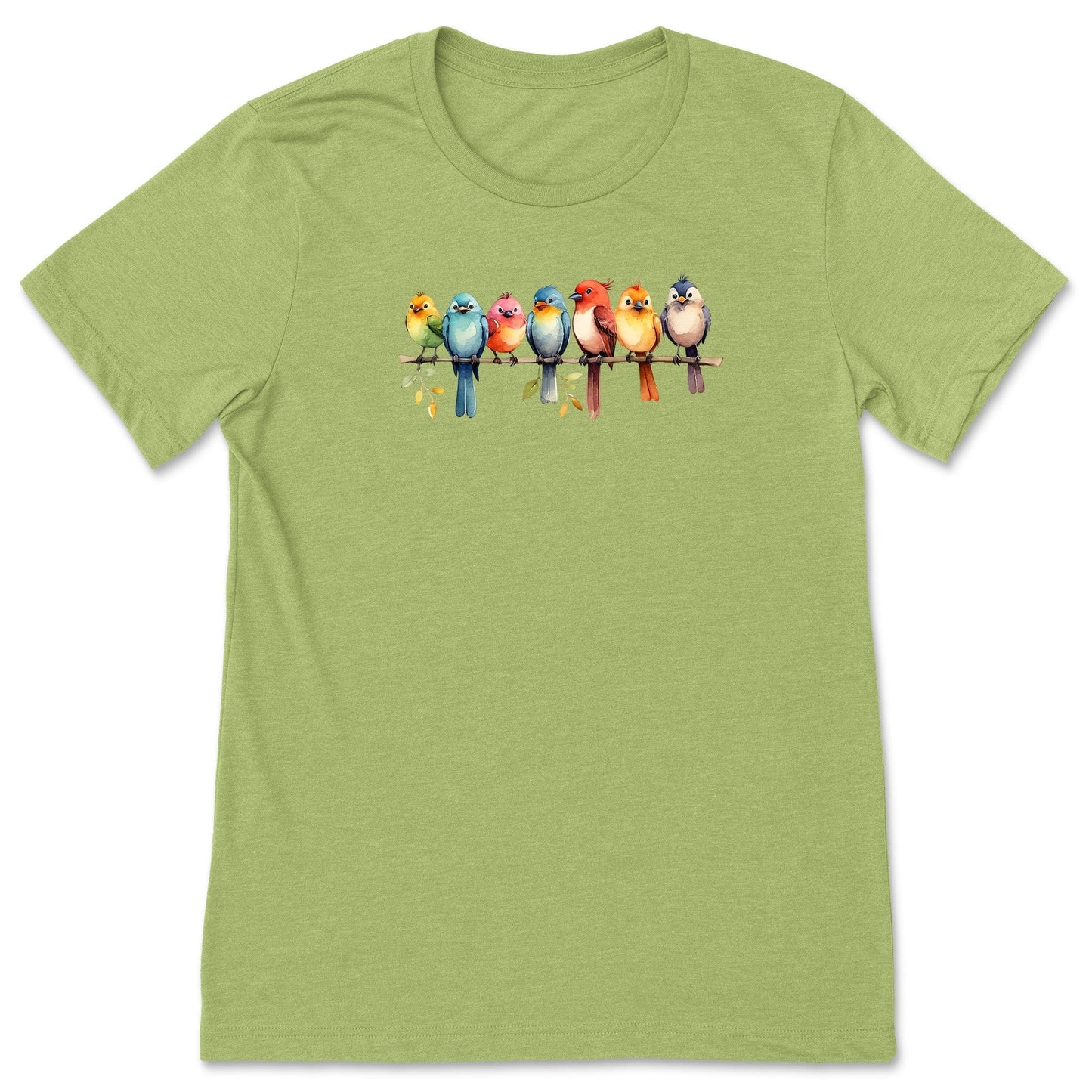 Heather Green bird t-shirt for nature lovers and birders, that has a row of colorful birds sitting on a branch.