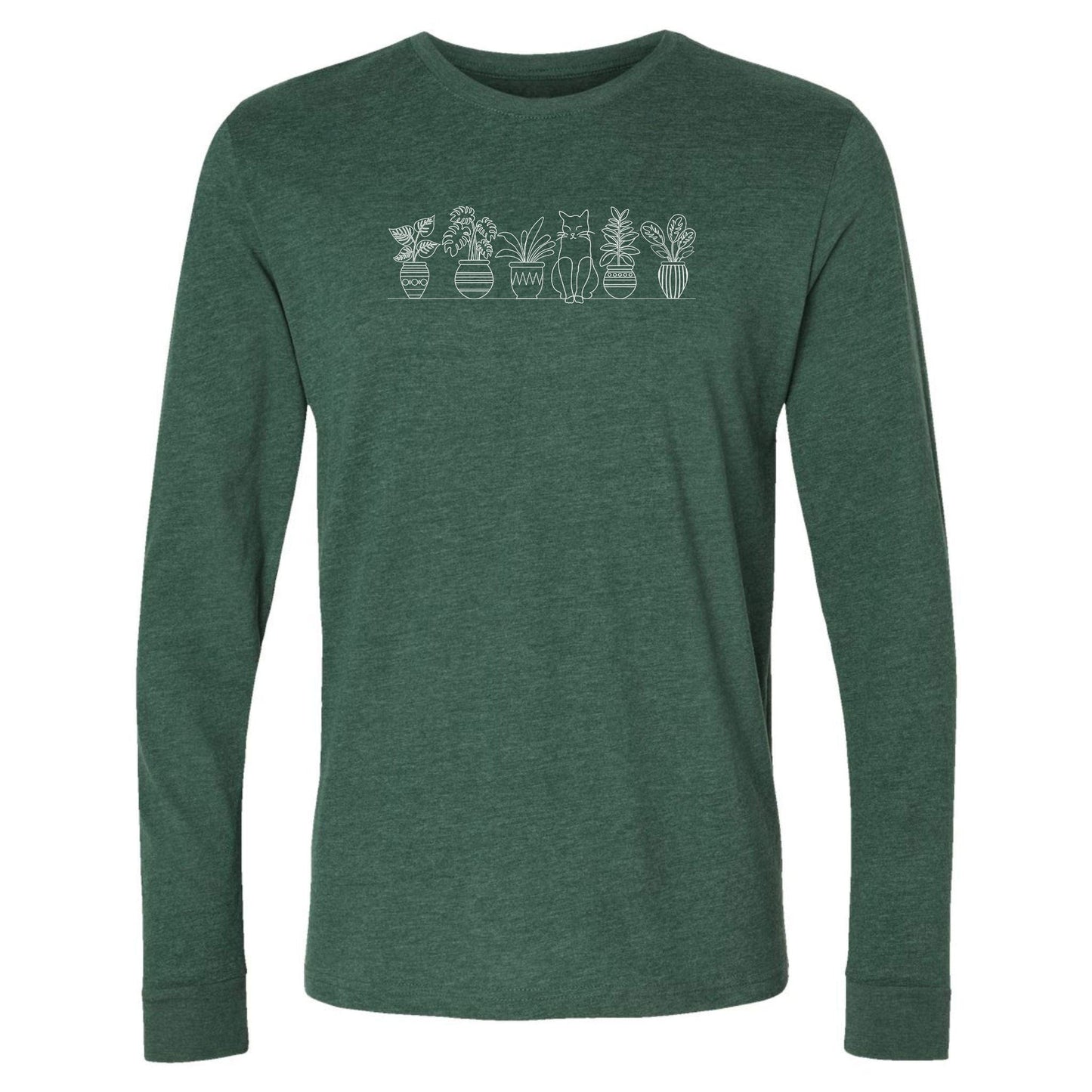 A green, cute, long-sleeve plant t-shirt for gardeners that has a row of potted plants sitting on shelf, with a cat sitting in the middle.