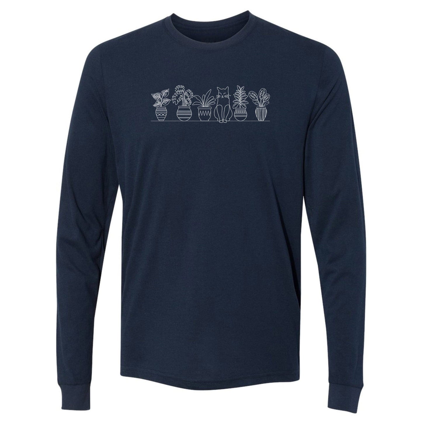 A dark blue, cute, long-sleeve plant t-shirt for gardeners that has a row of potted plants sitting on shelf, with a cat sitting in the middle.