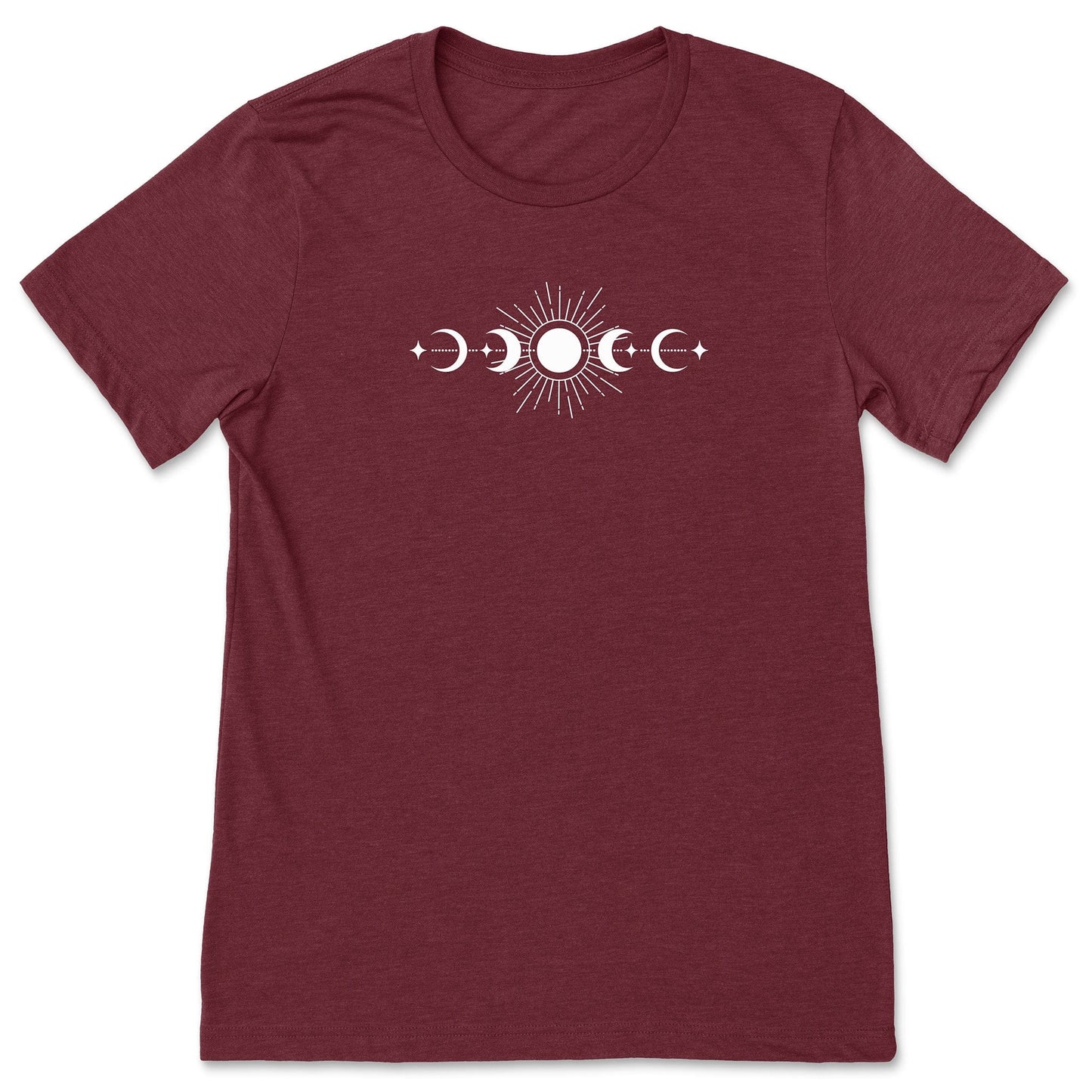 A fun, cardinal red celestial sun and moon phases t-shirt for nature lovers.