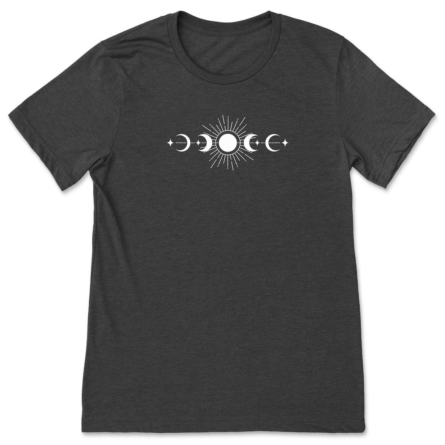 A fun, dark grey celestial sun and moon phases t-shirt for nature lovers.