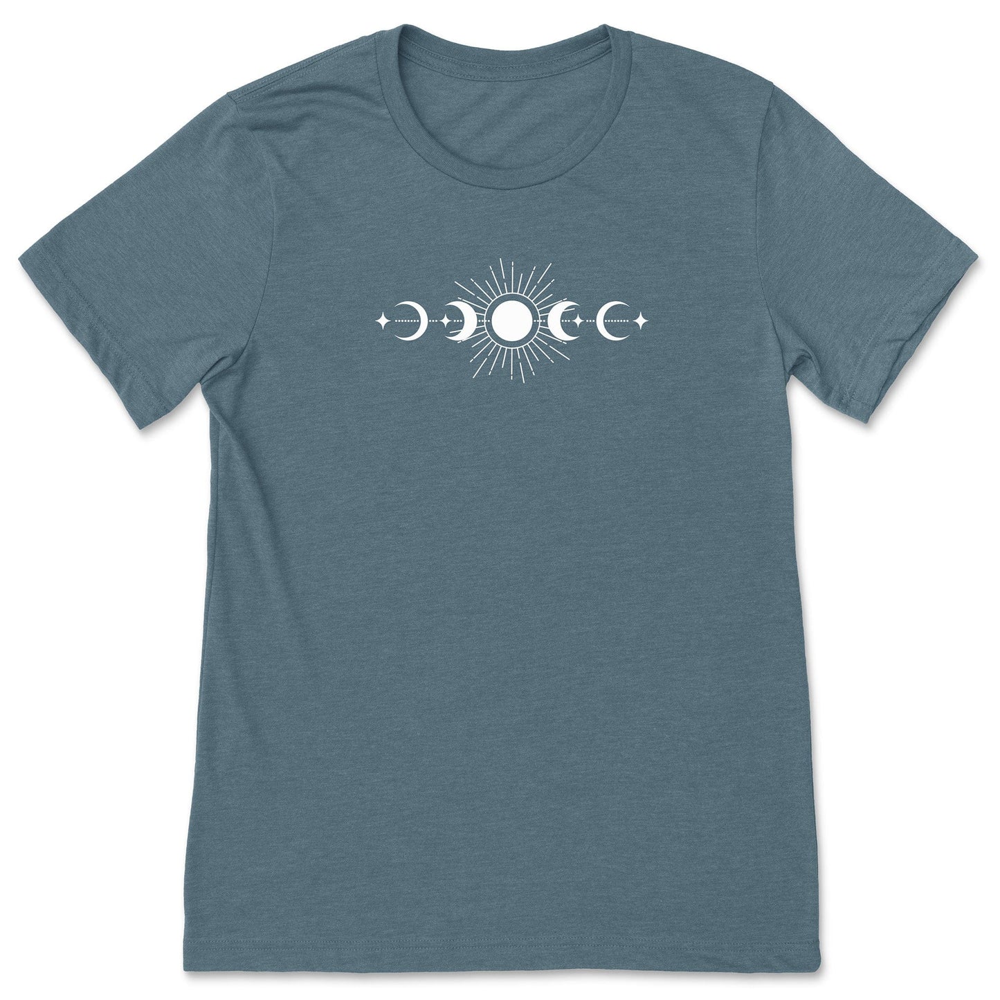 A fun, slate blue celestial sun and moon phases t-shirt for nature lovers.