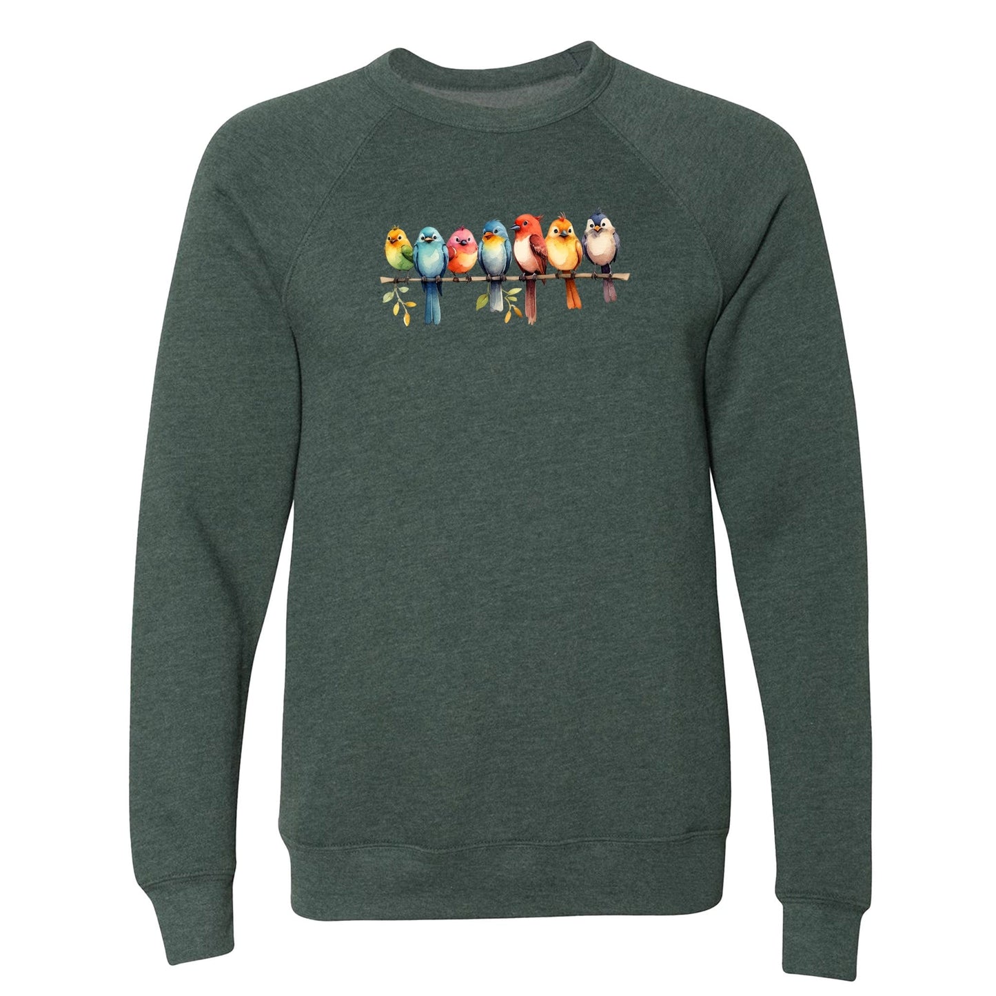 A cute bird sweatshirt for nature lovers that has a row of colorful birds sitting on a tree branch.