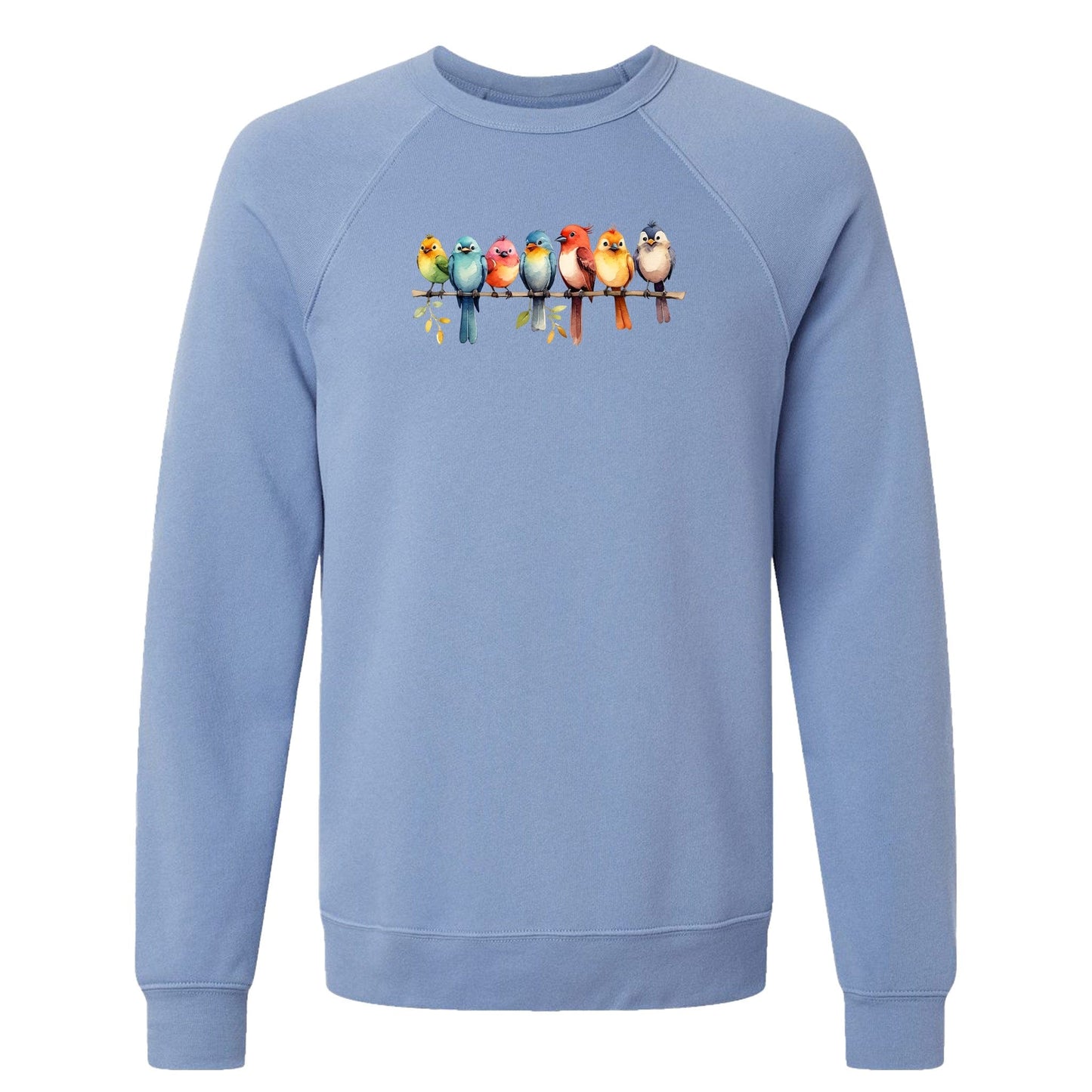 A cute, women's bird sweatshirt that has a row of colorful birds sitting on a tree branch.