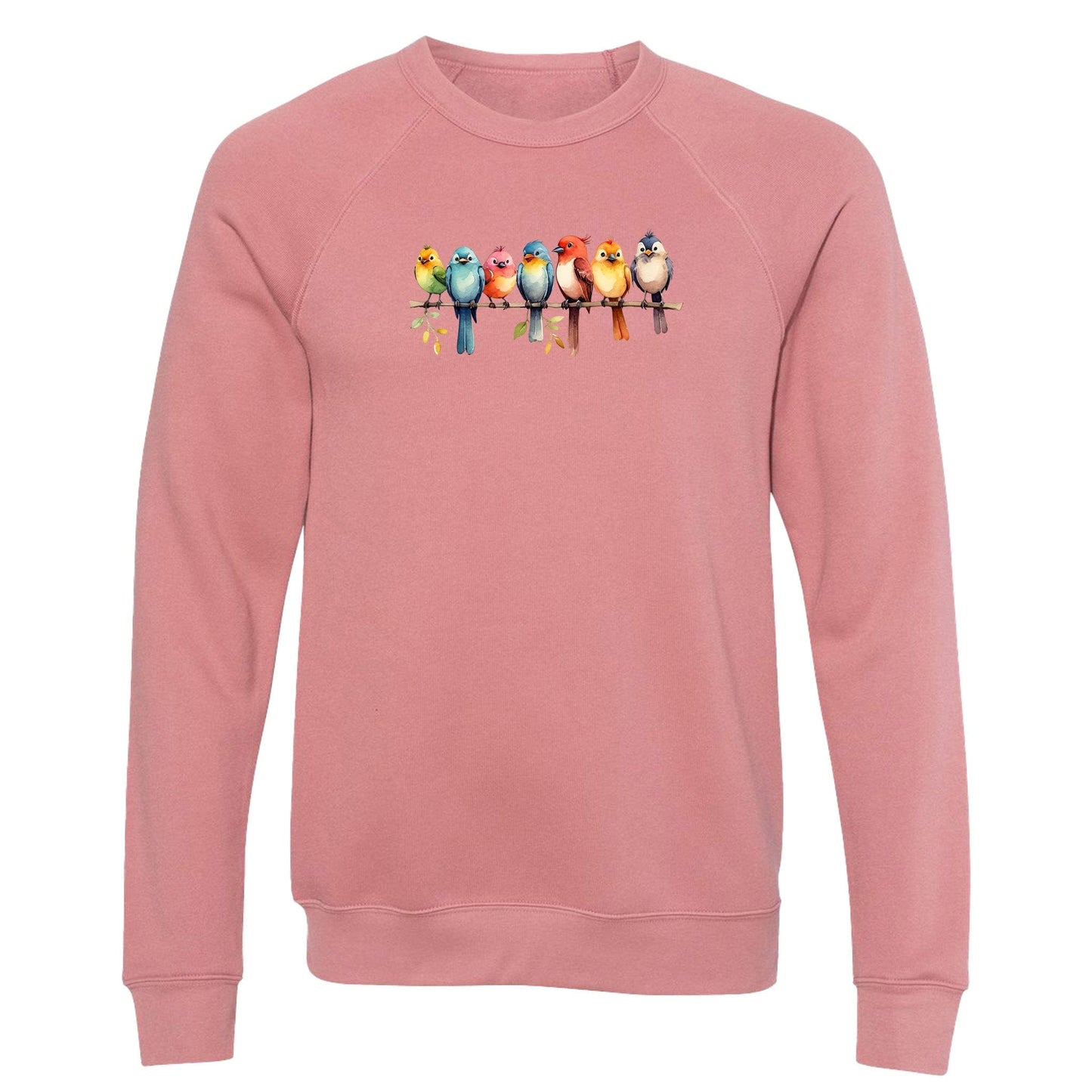 A cute, women's bird sweatshirt that has a row of colorful birds sitting on a tree branch.