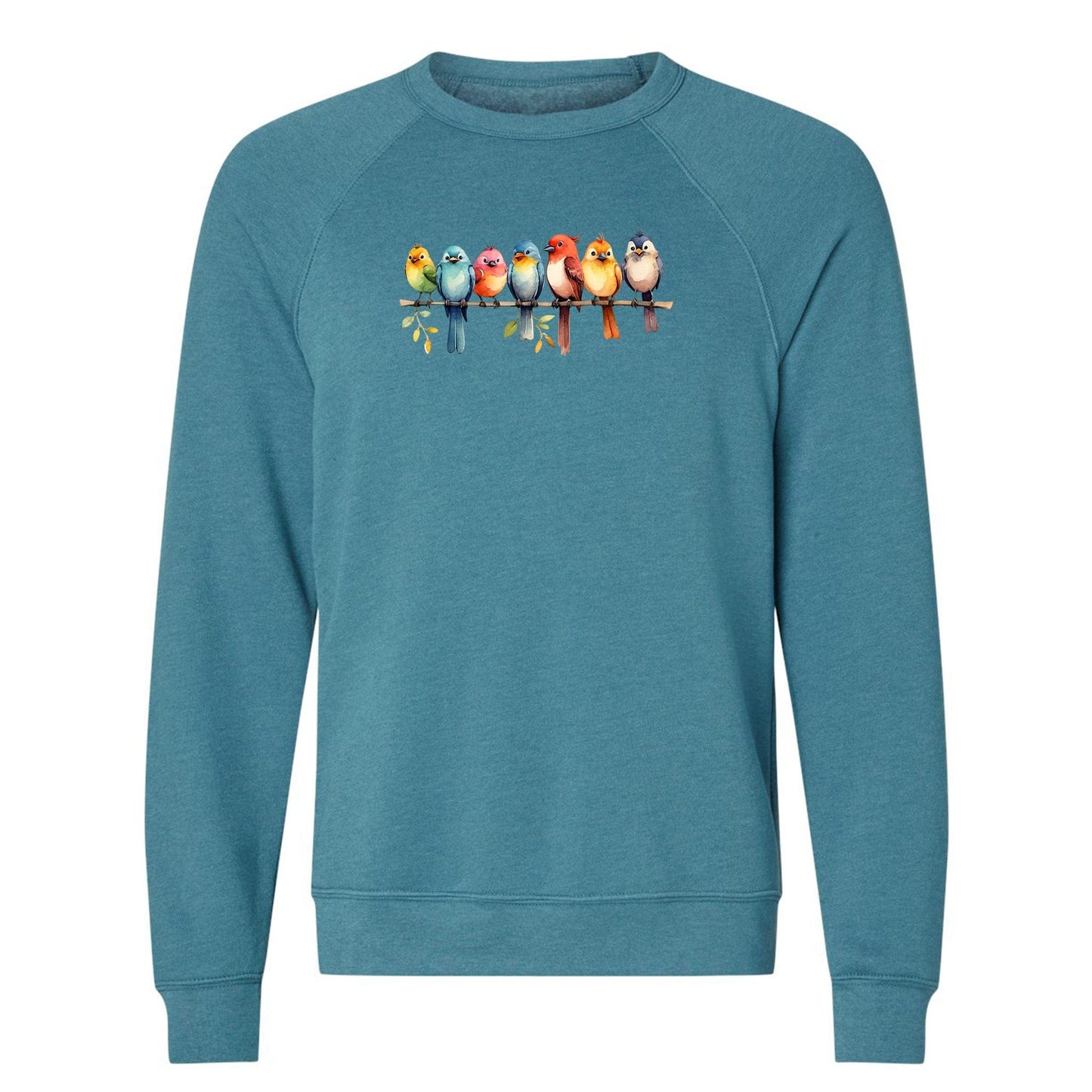 A cute bird sweatshirt for nature lovers that has a row of colorful birds sitting on a tree branch.