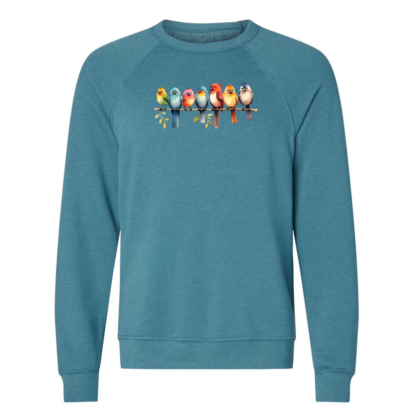 A cute bird sweatshirt for nature lovers that has a row of colorful birds sitting on a tree branch.