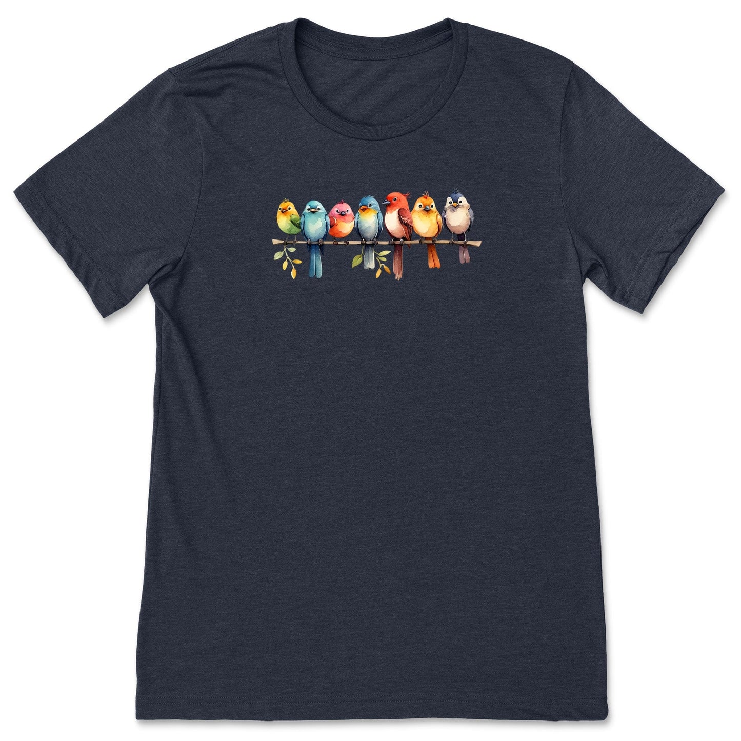 Heather Navy bird t-shirt for nature lovers and birders, that has a row of colorful birds sitting on a branch.
