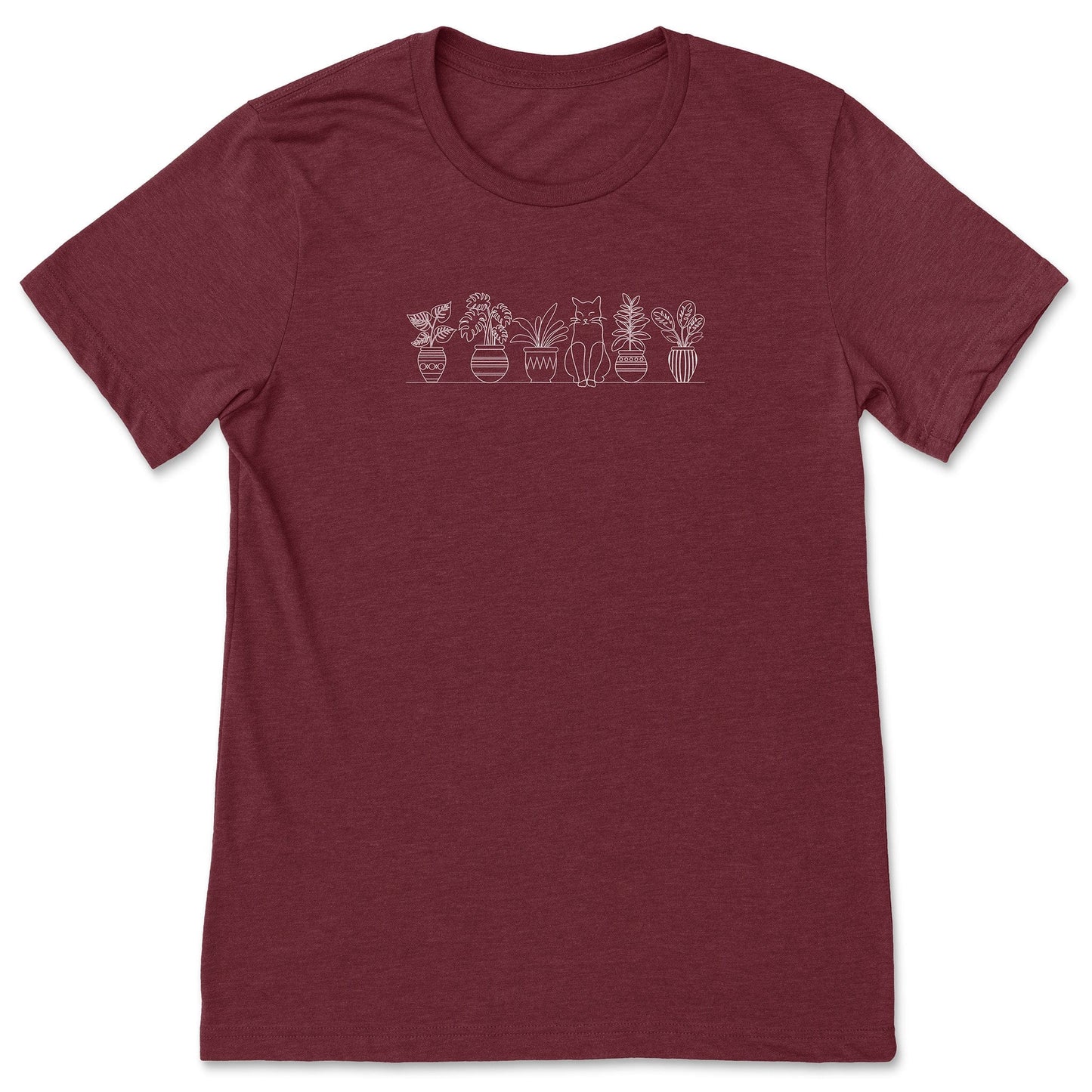 A cute, deep red, plant t-shirt that has a simple line art drawing of potted plants on a shelf with a cat sitting between them - a great gift for plant lovers and gardeners!