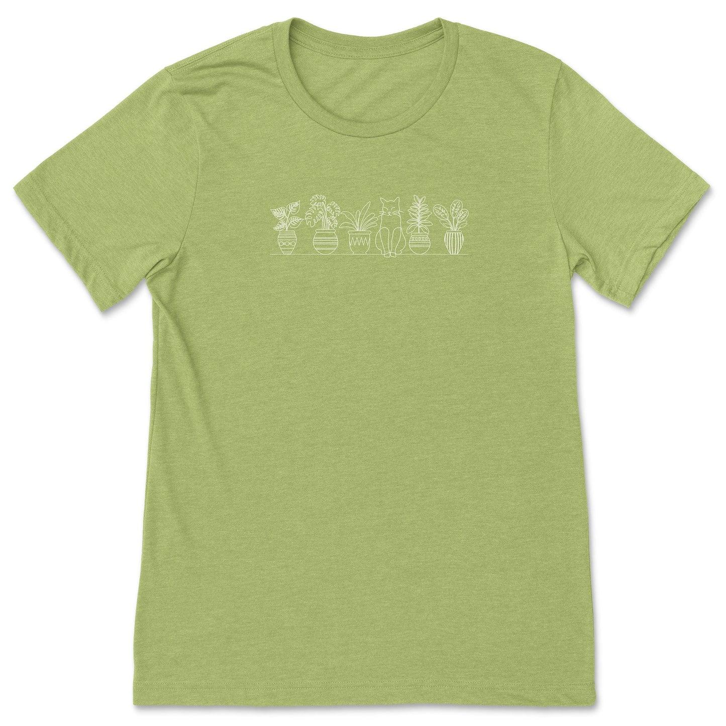 A cute, bright green, plant t-shirt that has a simple line art drawing of potted plants on a shelf with a cat sitting between them - a great gift for plant lovers and gardeners!