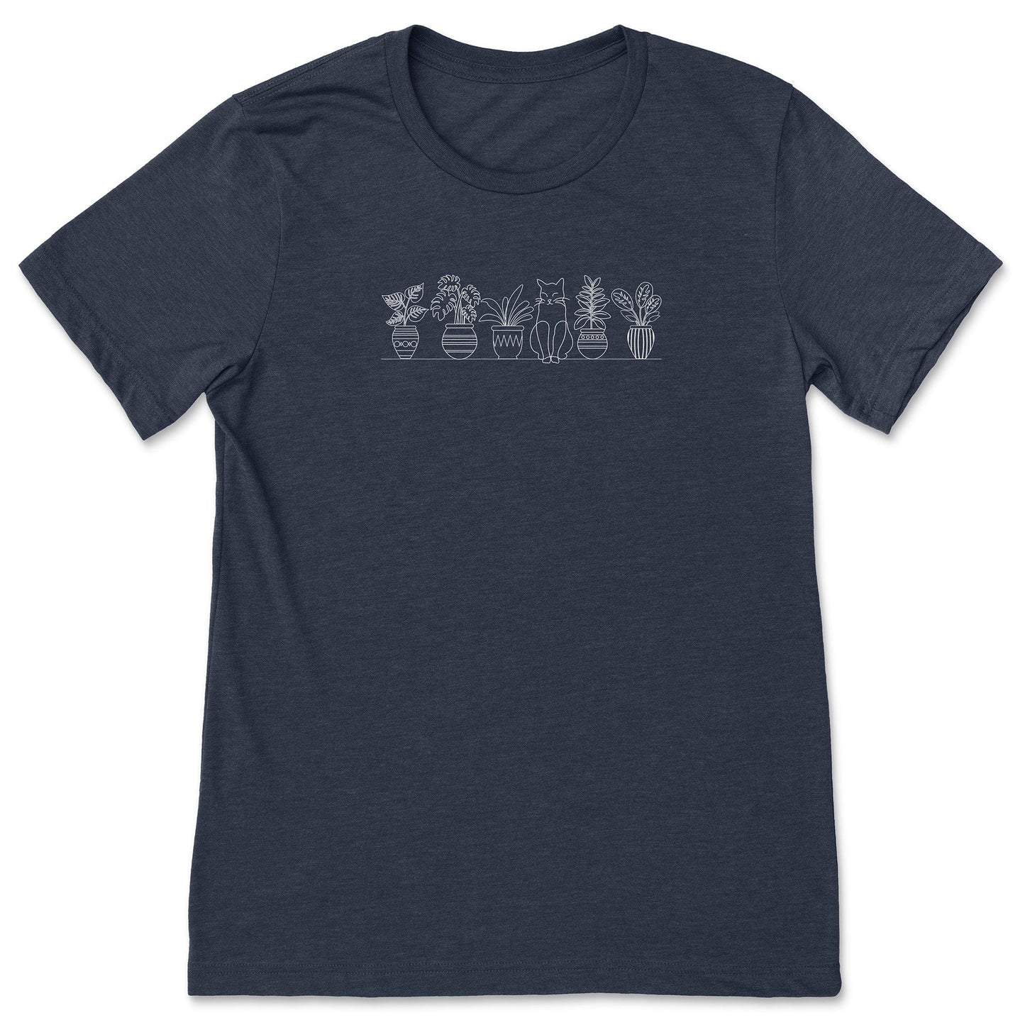 A cute, navy, plant t-shirt that has a simple line art drawing of potted plants on a shelf with a cat sitting between them - a great gift for plant lovers!