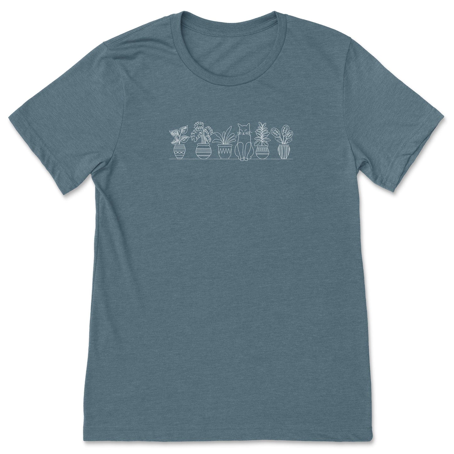 A cute, slate blue, plant t-shirt that has a simple line art drawing of potted plants on a shelf with a cat sitting between them - a great gift for plant lovers and gardeners!
