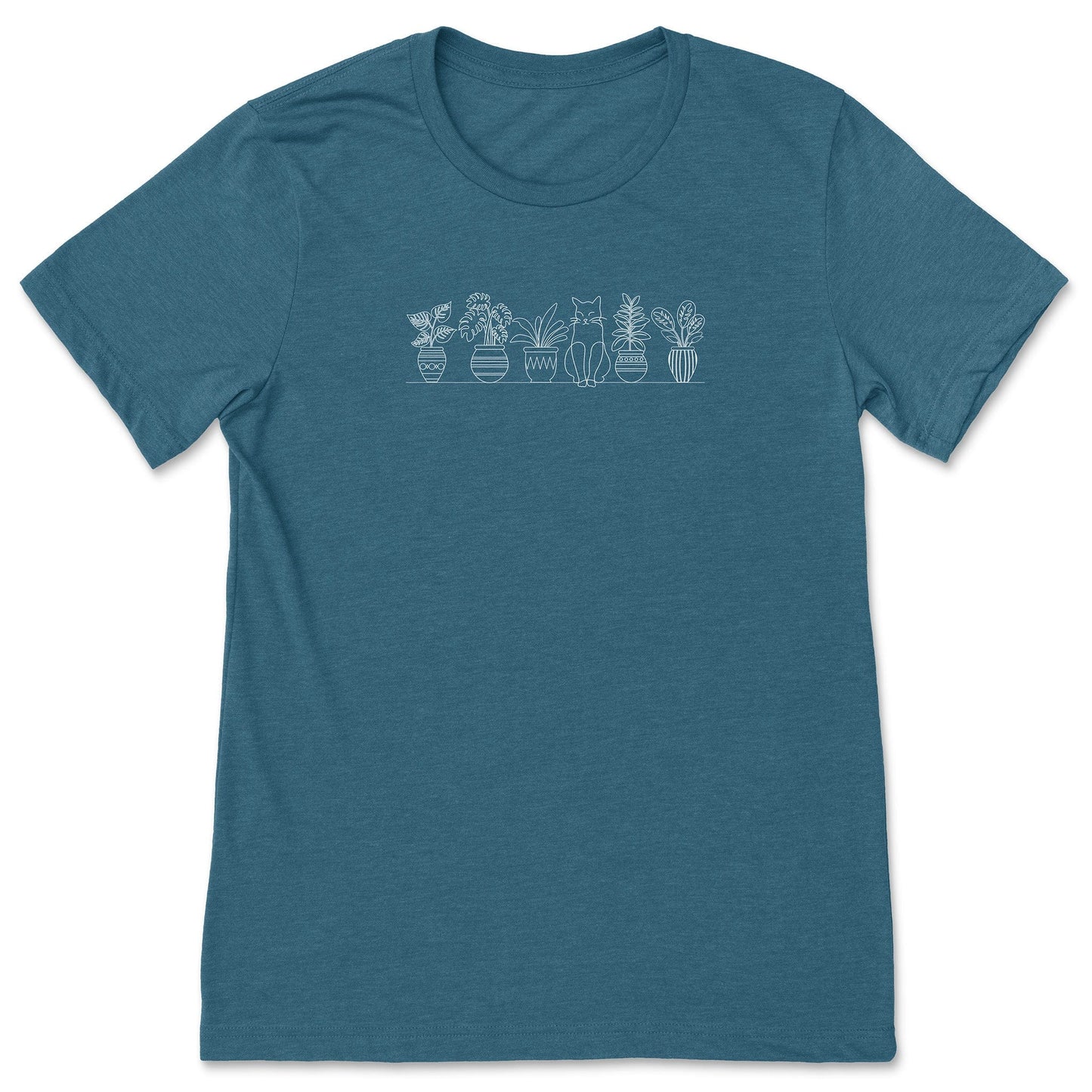 A cute, teal, plant t-shirt that has a simple line art drawing of potted plants on a shelf with a cat sitting between them - a great gift for plant lovers and gardeners!