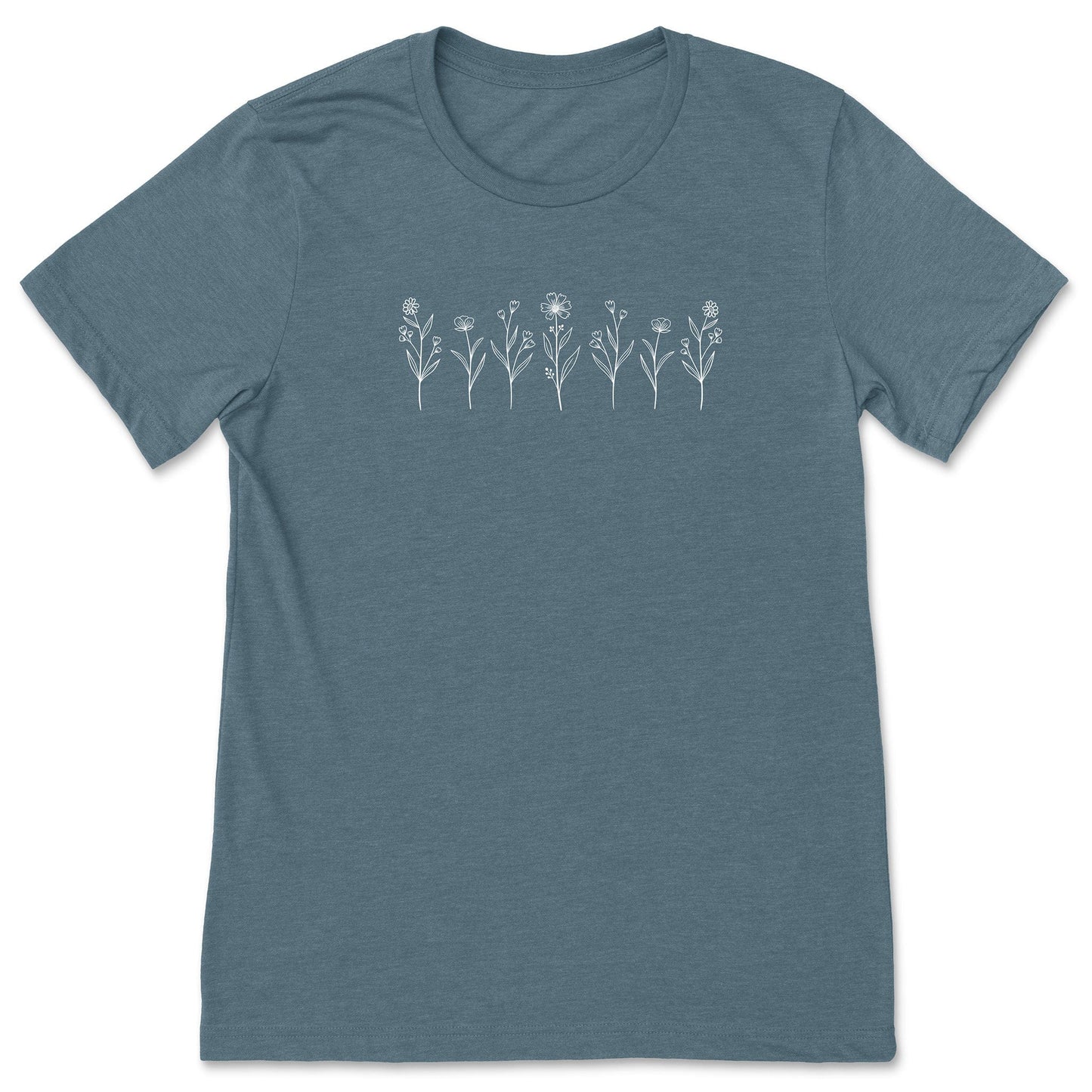 A cute, slate blue, wildflower t-shirt that has white flowers on it - great for nature and flower lovers!