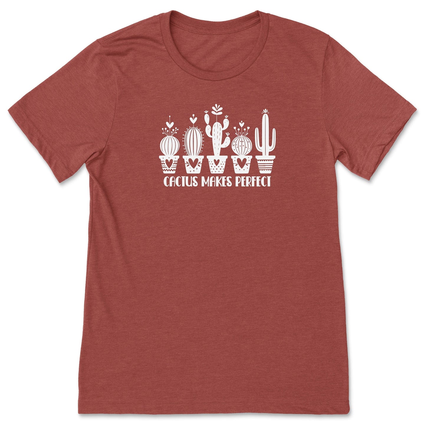 A clay-colored, funny cactus t-shirt for plant lovers, that says "Cactus Makes Perfect."