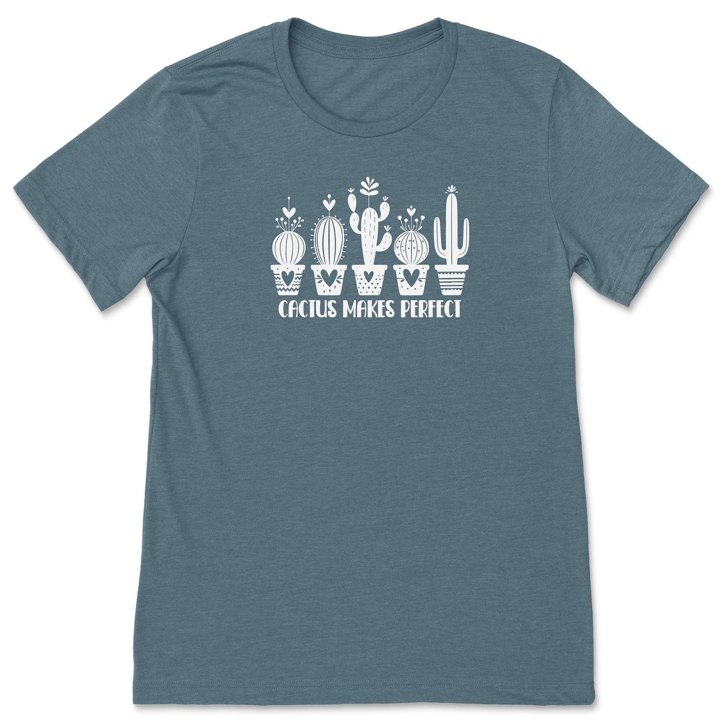 A slate blue, funny cactus t-shirt for plant lovers, that says "Cactus Makes Perfect."