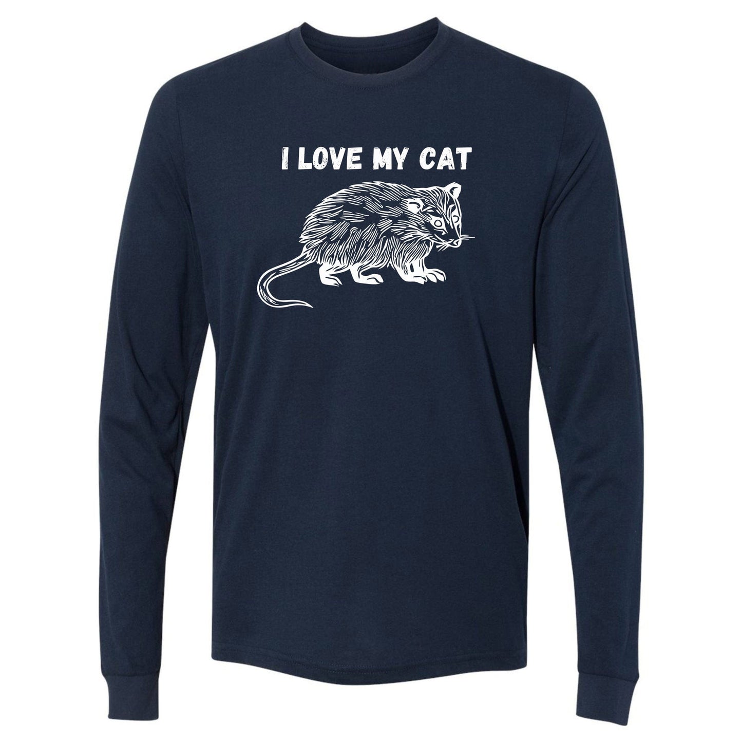 A navy, long-sleeve, funny opossum shirt for animal lovers that has an image of a possum and says, "I love my cat."