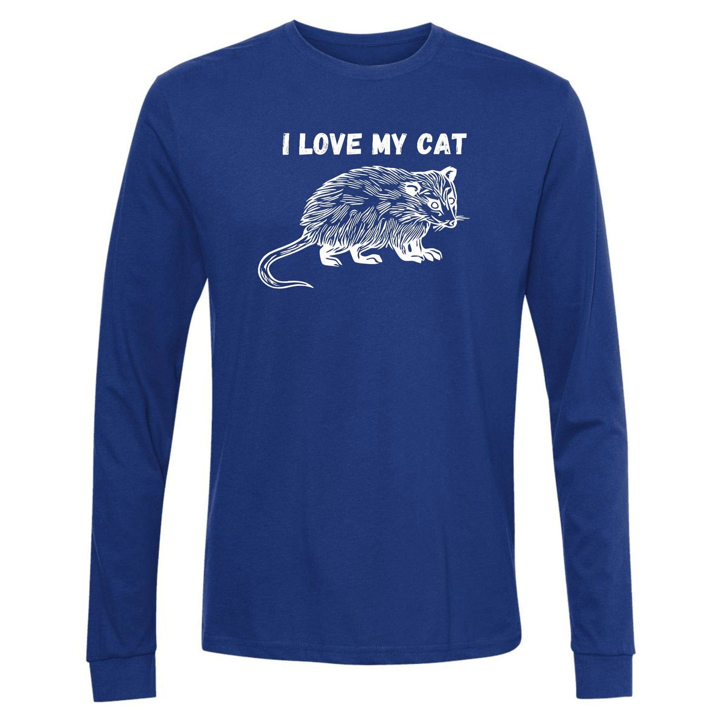 A royal blue, long-sleeve, funny possum shirt for animal lovers that has an image of a possum and says, "I love my cat."