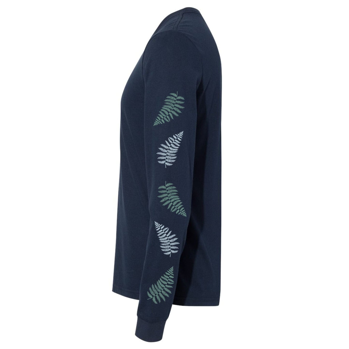 The side view of a navy, long-sleeve t-shirt for hikers and nature lovers that has fern leaves going down both of the sleeves.