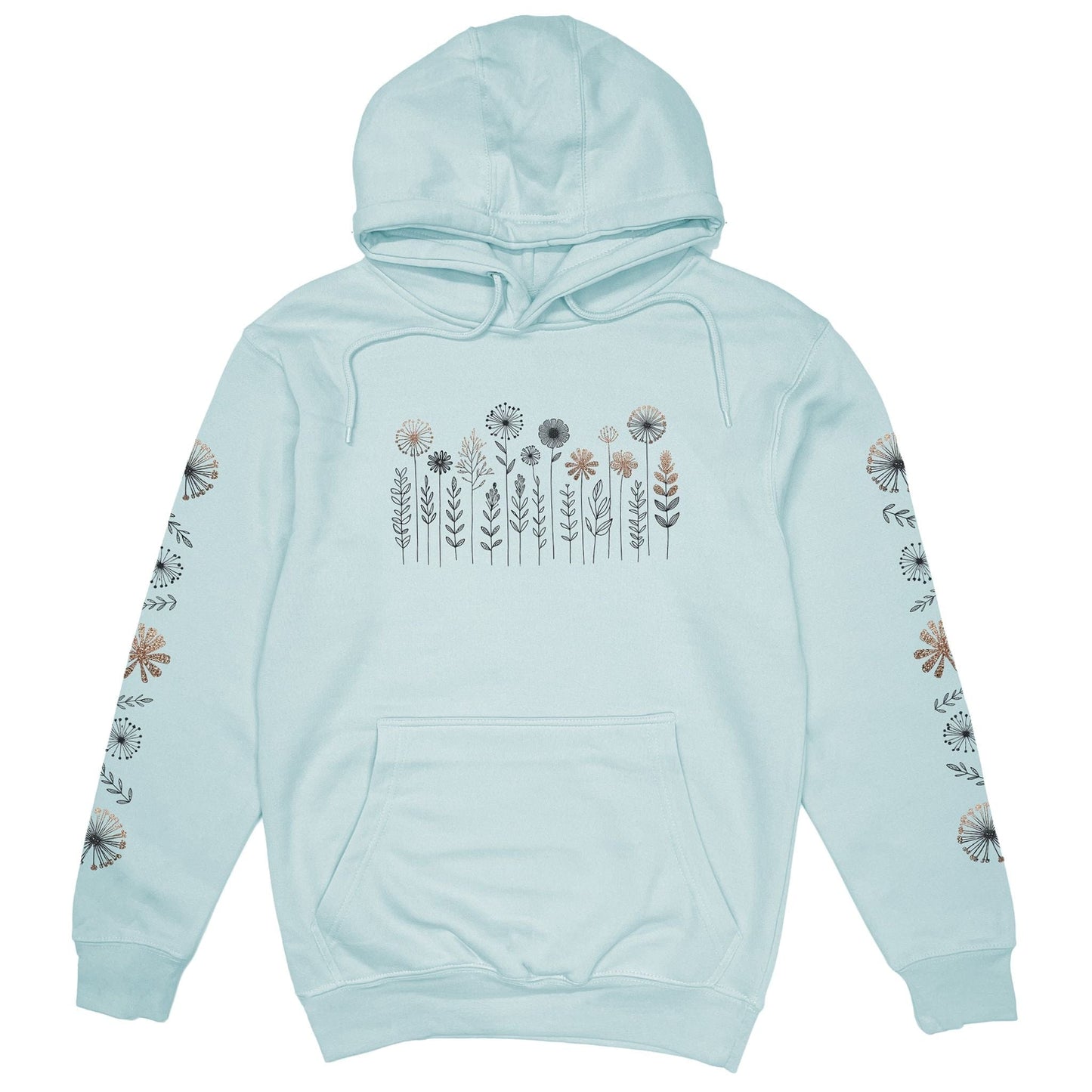A beautiful light blue nature hoodie that has cute wildflowers on the front and down the sleeves.