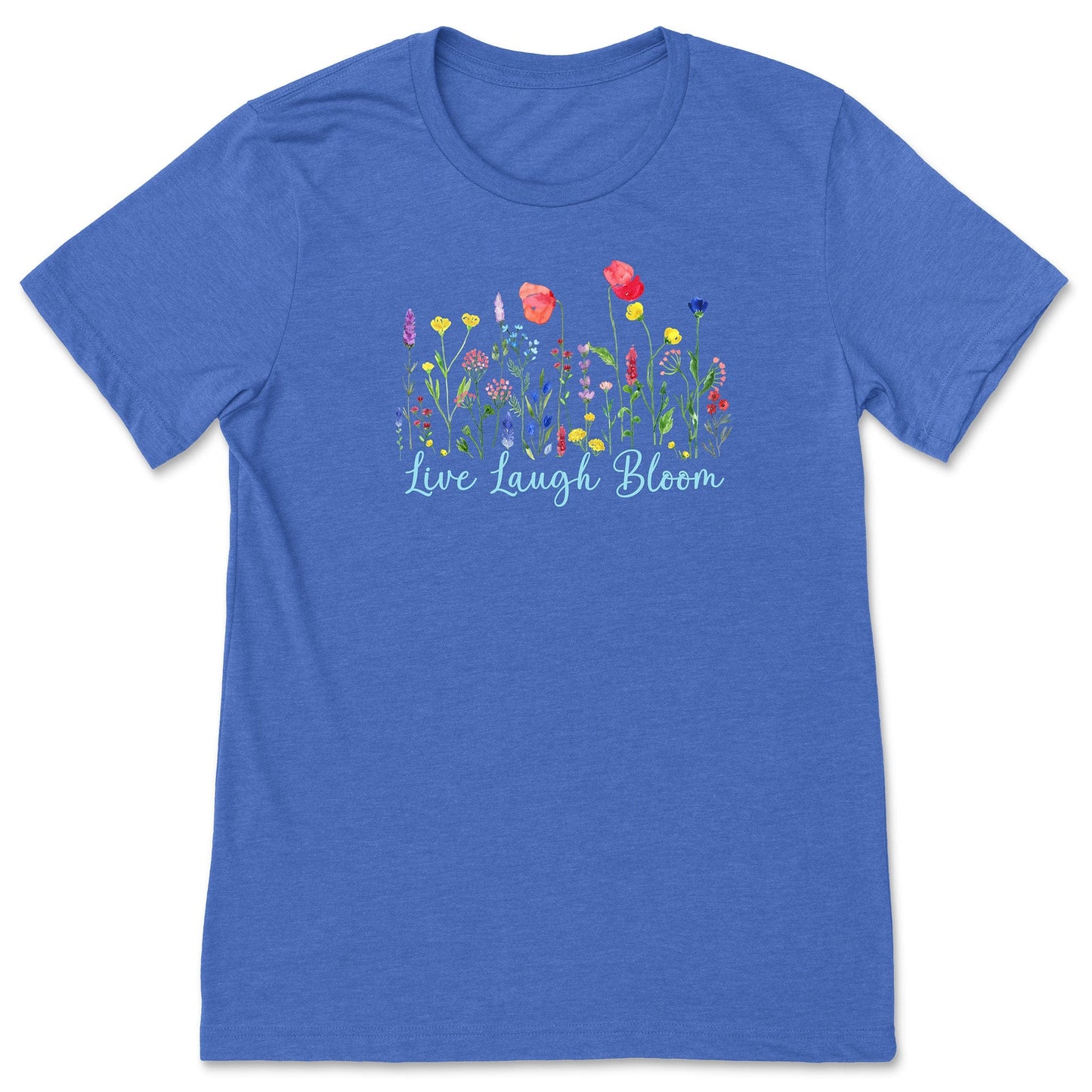 A cute, royal blue, flower t-shirt for ladies that has bright, colorful flowers and says, Live Laugh Bloom."