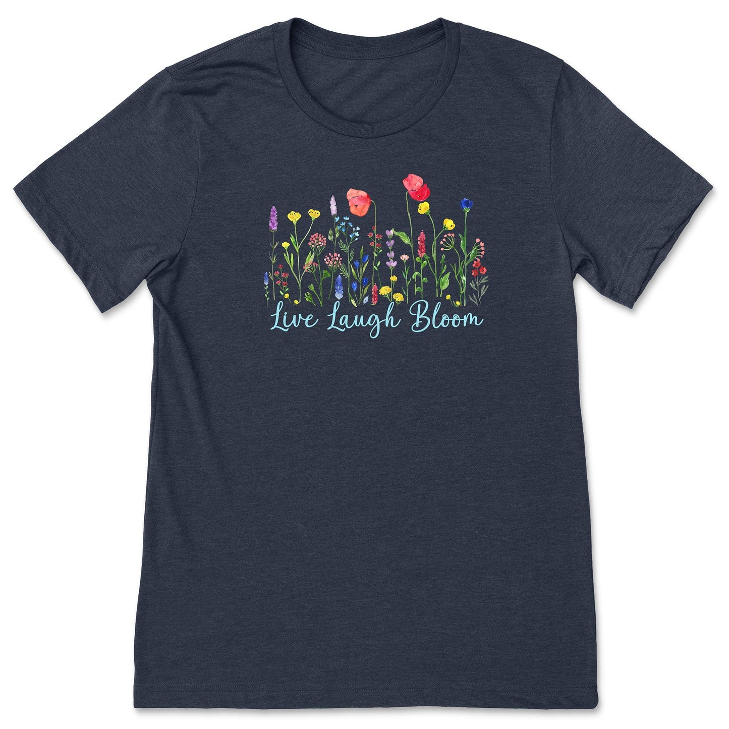 A cute, navy, flower shirt for ladies that has bright, colorful flowers and says, Live Laugh Bloom."