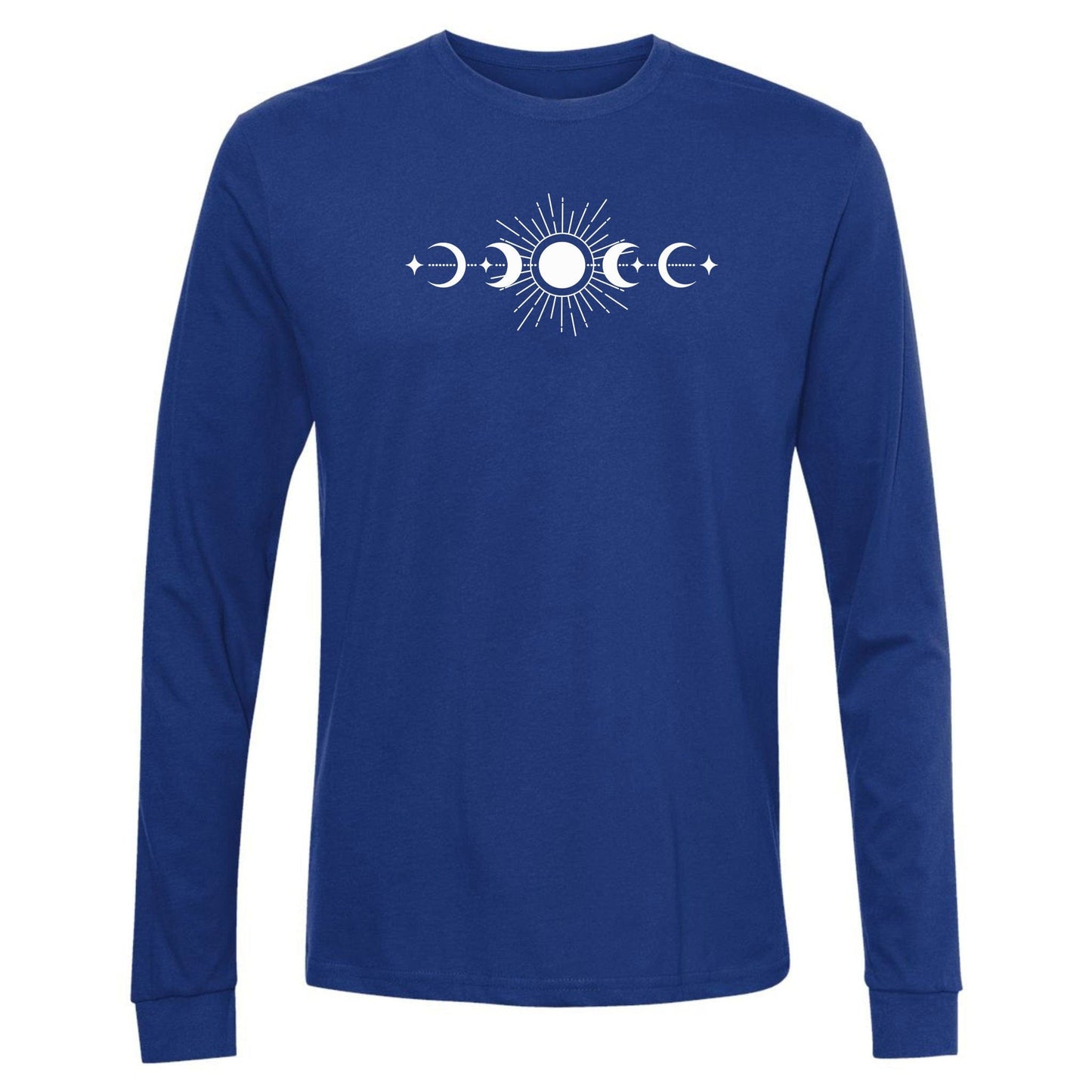 A royal blue, long-sleeve phases of the moon shirt that has a celestial design of the sun and moon phases.