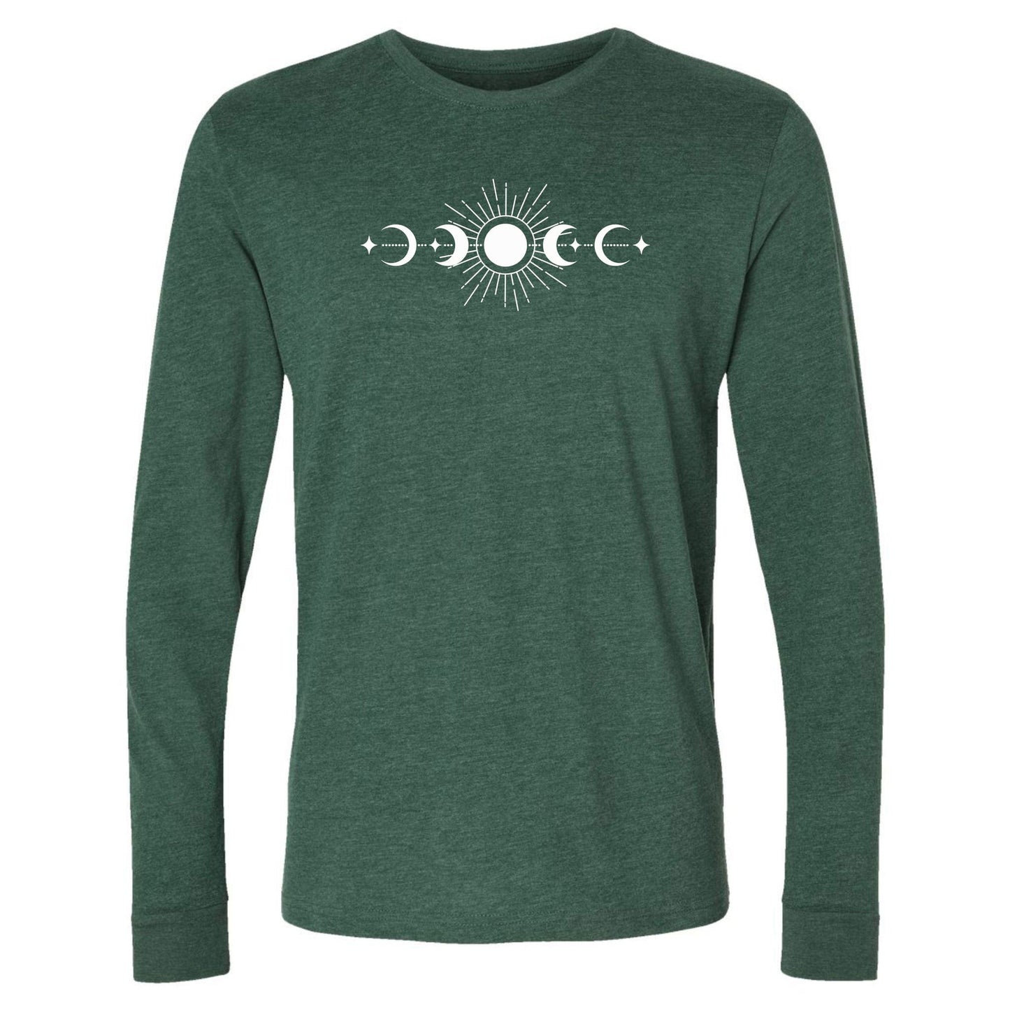 A green, long-sleeve phases of the moon shirt that has a celestial design of the sun and moon phases.