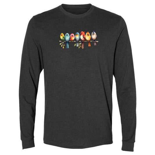 A dark grey, long-sleeve bird t-shirt that has a design of a row of colorful birds sitting on a tree branch. A great shirt for nature-lovers!