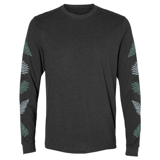 A gray, long-sleeve t-shirt for hikers and nature lovers that has fern leaves going down both of the sleeves.