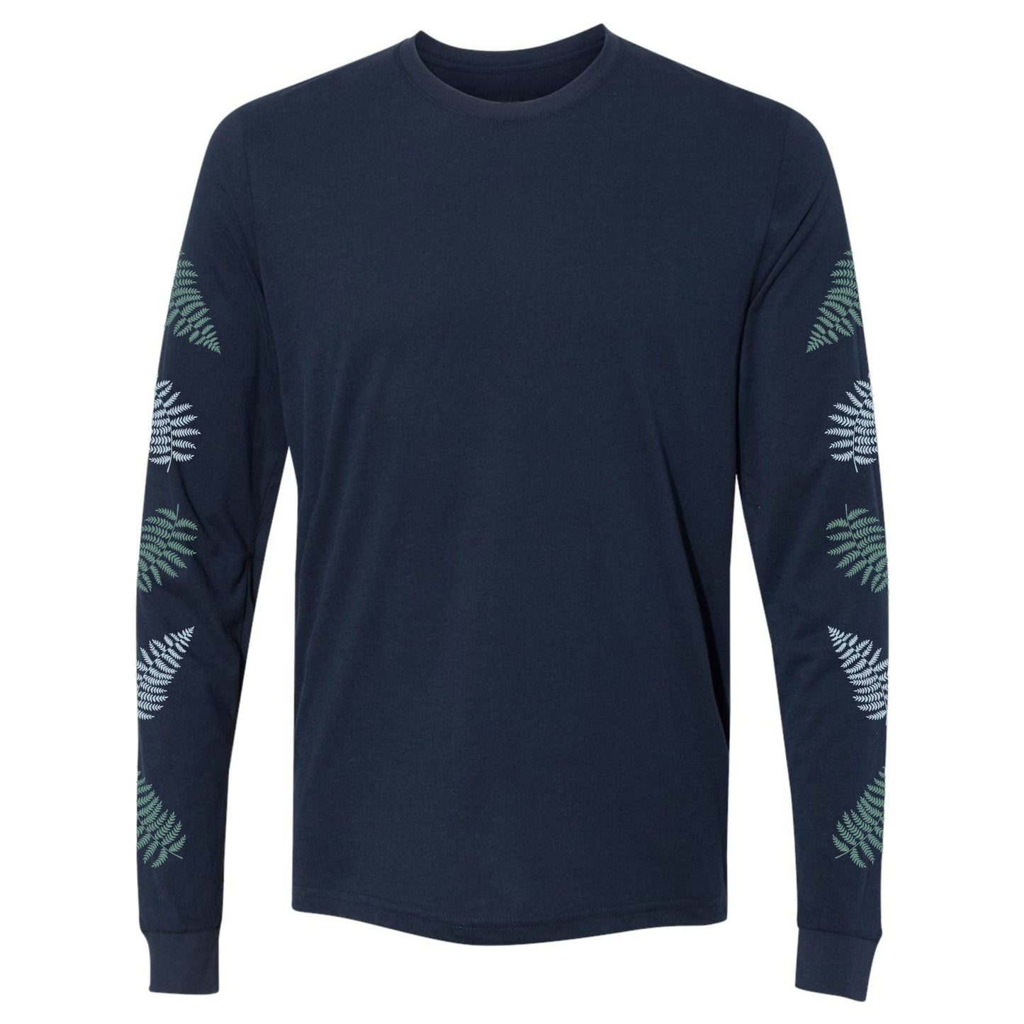 A navy, long-sleeve t-shirt for hikers and nature lovers that has fern leaves going down both of the sleeves.
