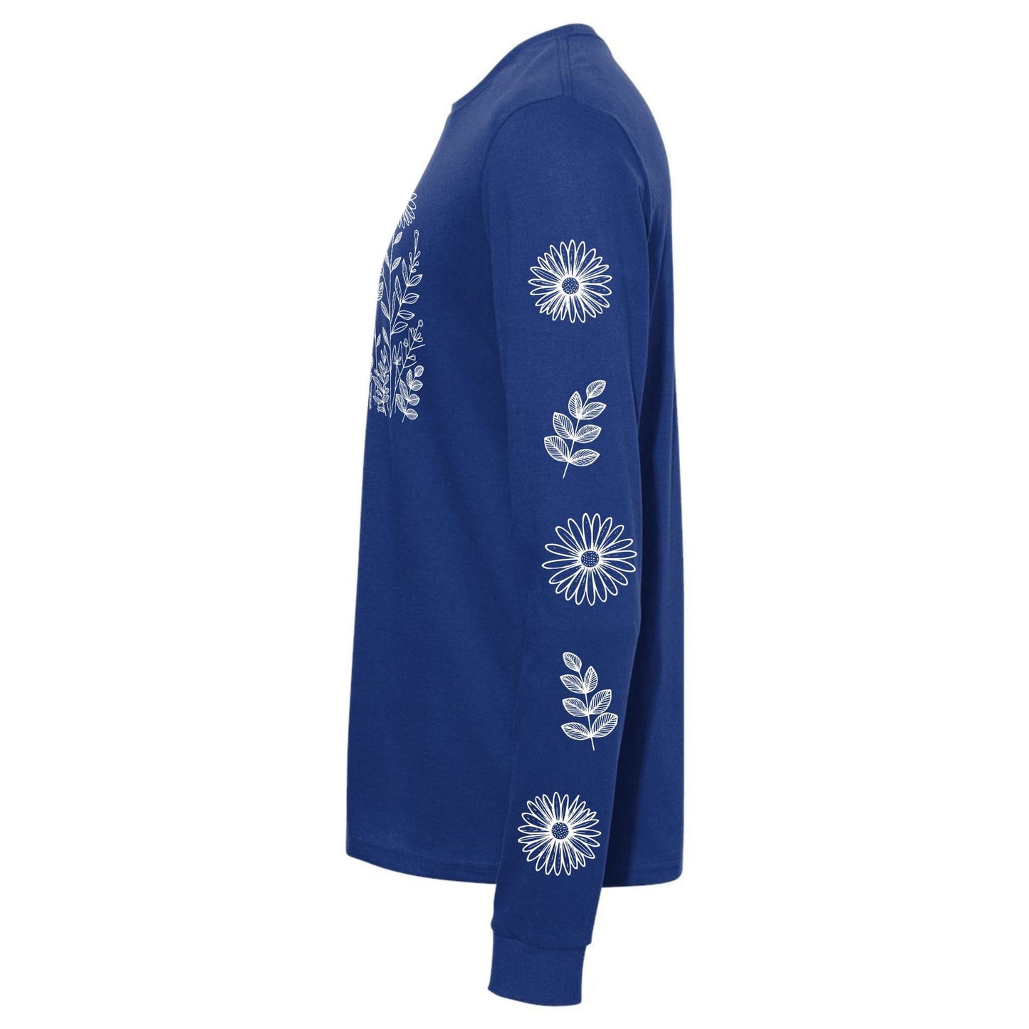 A side view of a beautiful, blue, long-sleeve white wildflower shirt for gardeners and plant lovers. It has a white flower design on the front and down both sleeves!