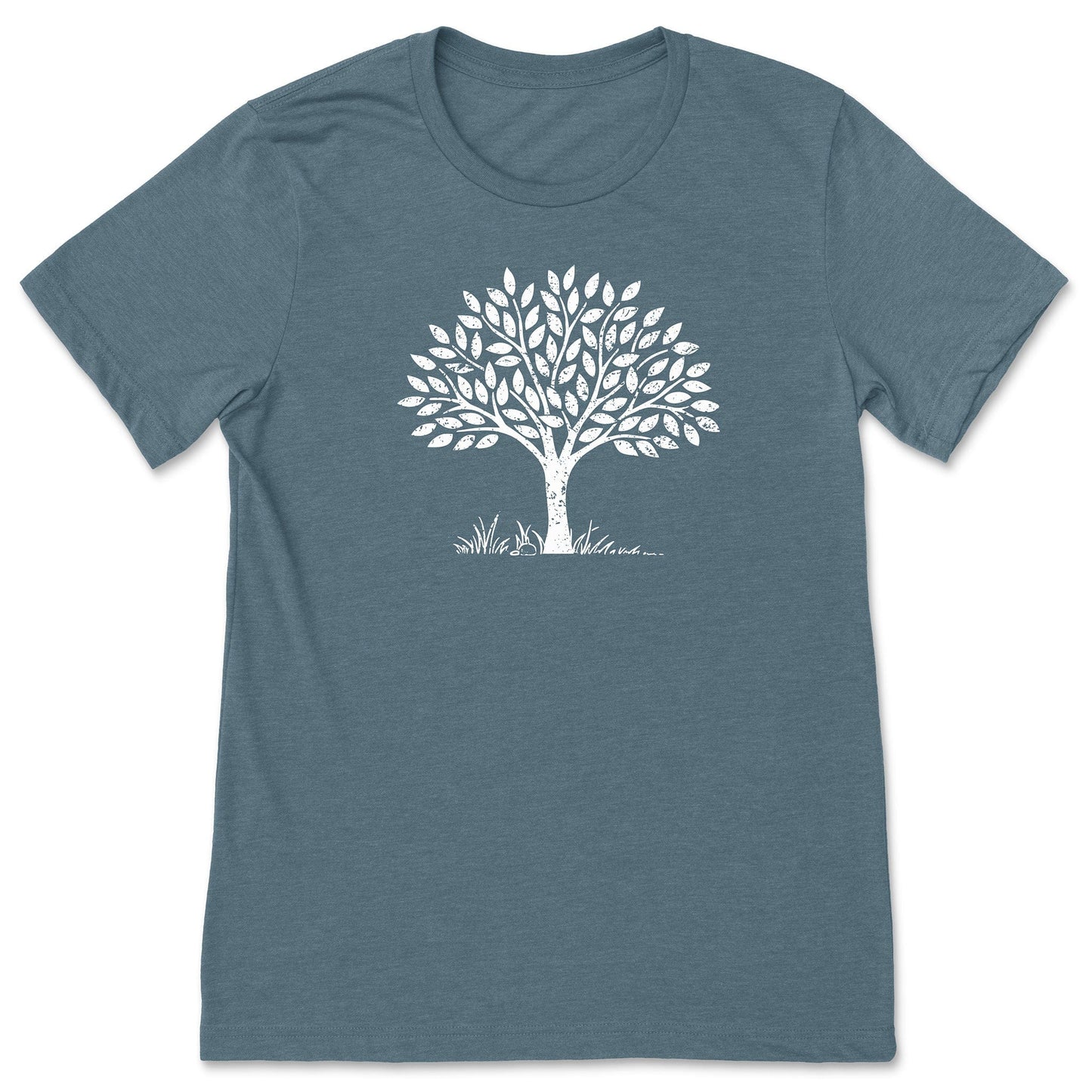 A soft and cute, slate blue tree t-shirt for nature lovers.