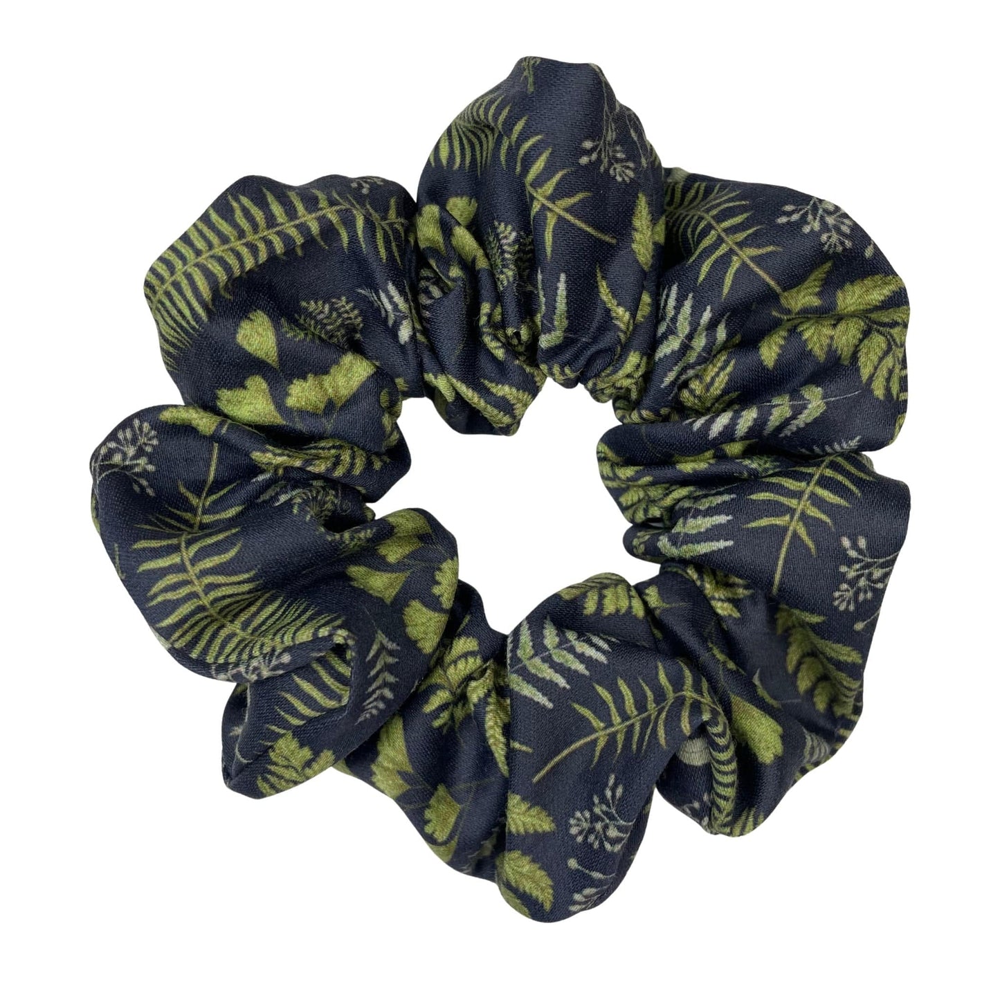 A navy ferns and leaves scrunchie made from soft, premium organic cotton fabric and is perfect for nature lovers.