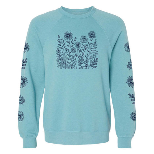 Light blue sweatshirt with floral pattern on the front and sleeves, on a white background