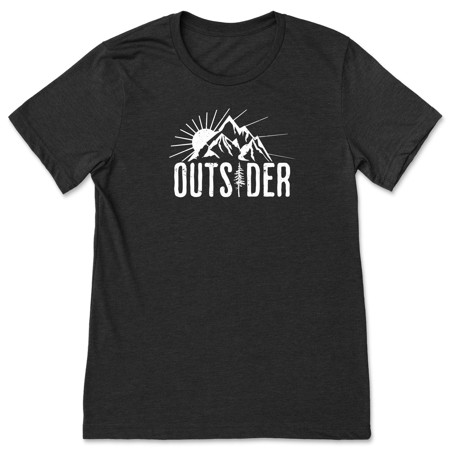 A fun, black nature t-shirt for outdoor lovers that says "Outsider" and shows a mountain and sunshine scene.