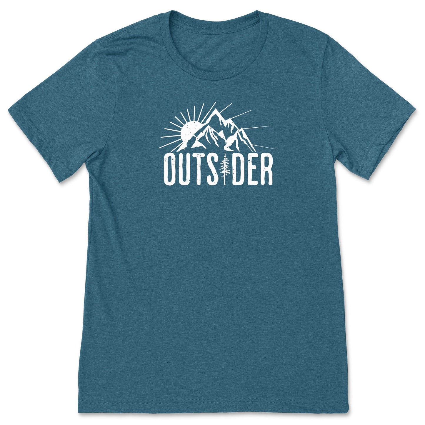 A fun, teal nature tee for outdoor enthusiasts that says "Outsider" and shows a mountain and sunshine scene.