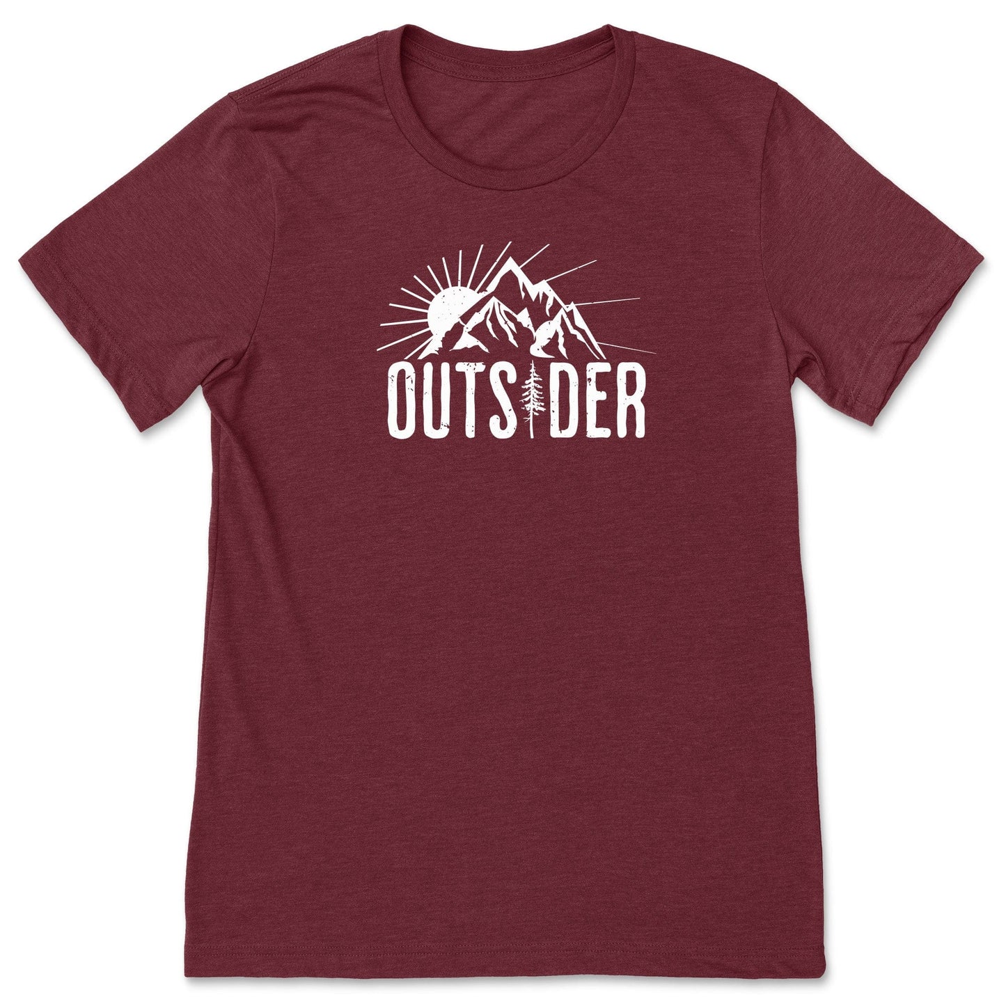 A fun, cardinal red mountain t-shirt for nature lovers that says "Outsider" and shows a sun and mountain scene.