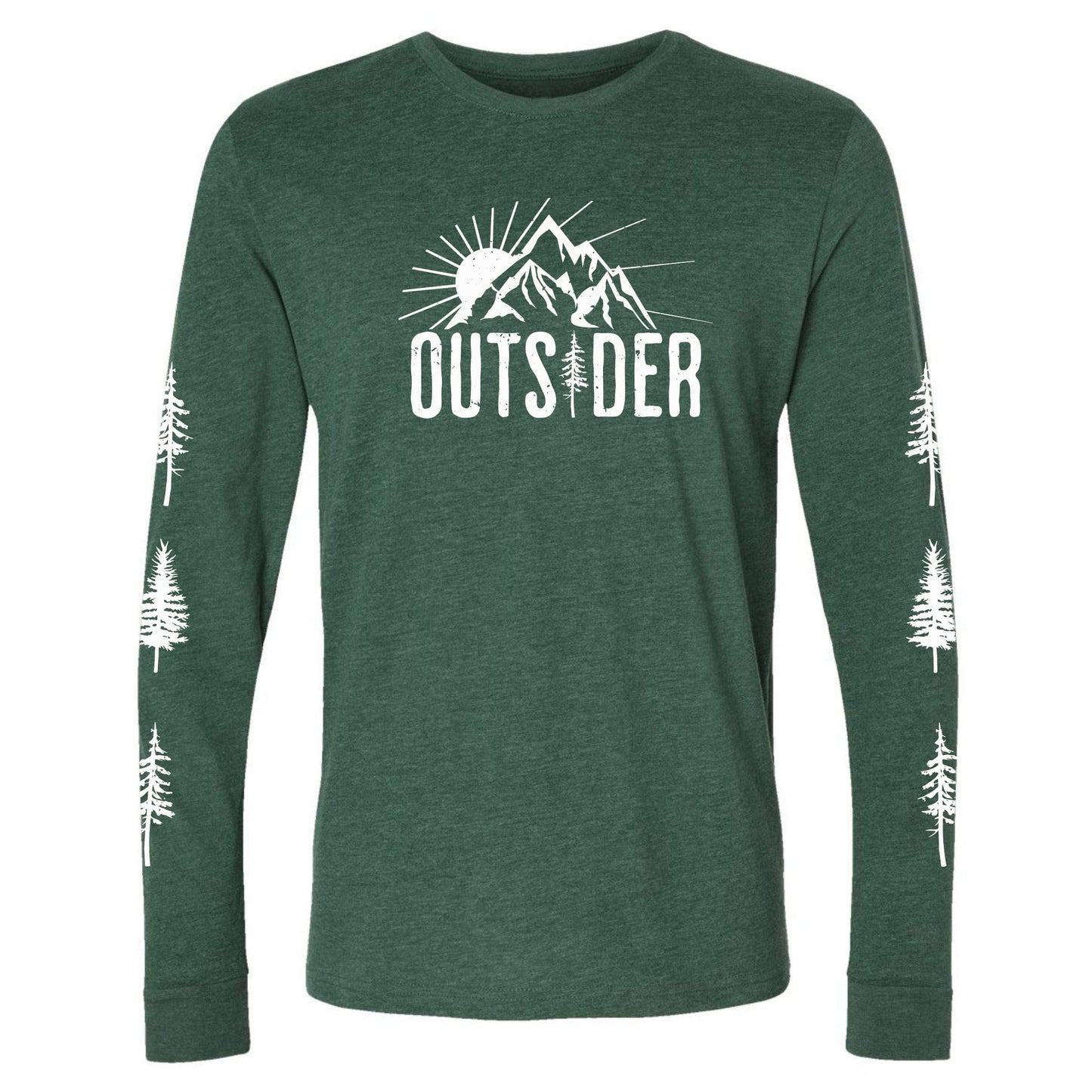 A green, ultra-soft, long-sleeve, sun and mountain shirt for nature lovers that says, "Outsider." and has trees going down each sleeve.