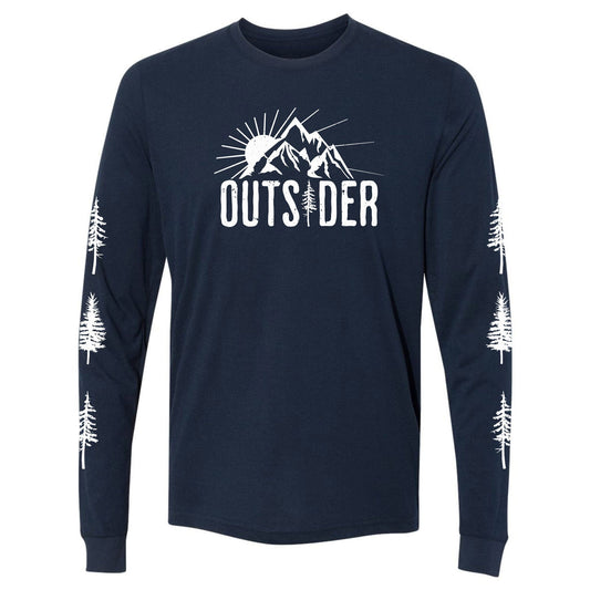 A navy, ultra-soft, long-sleeve, sun and mountain shirt for nature lovers that says, "Outsider." and has trees going down each sleeve.