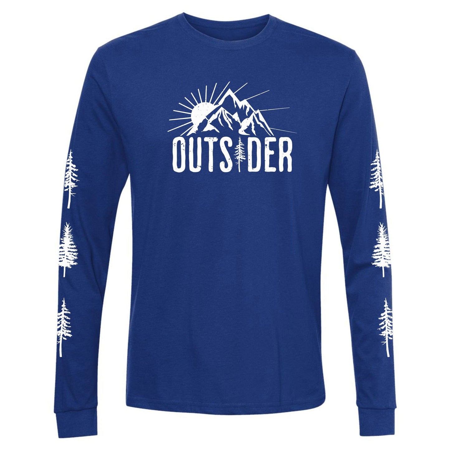 A blue, ultra-soft, long-sleeve, sun and mountain shirt for nature lovers that says, "Outsider." and has trees going down each sleeve.