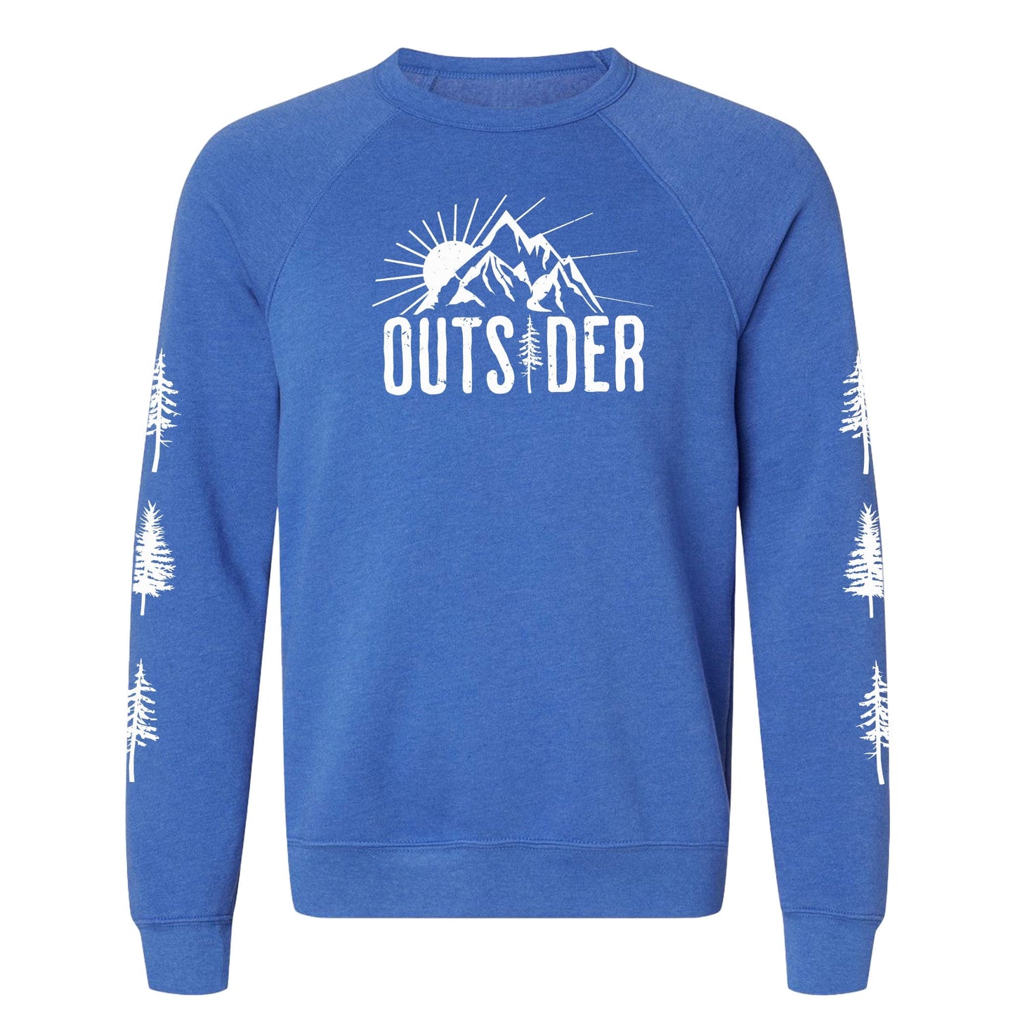 A royal blue, ultra-soft raglan sweatshirt for nature lovers and outdoor enthusiasts that has a sun behind a mountain and says, "Outsider", and has trees down both sleeves.