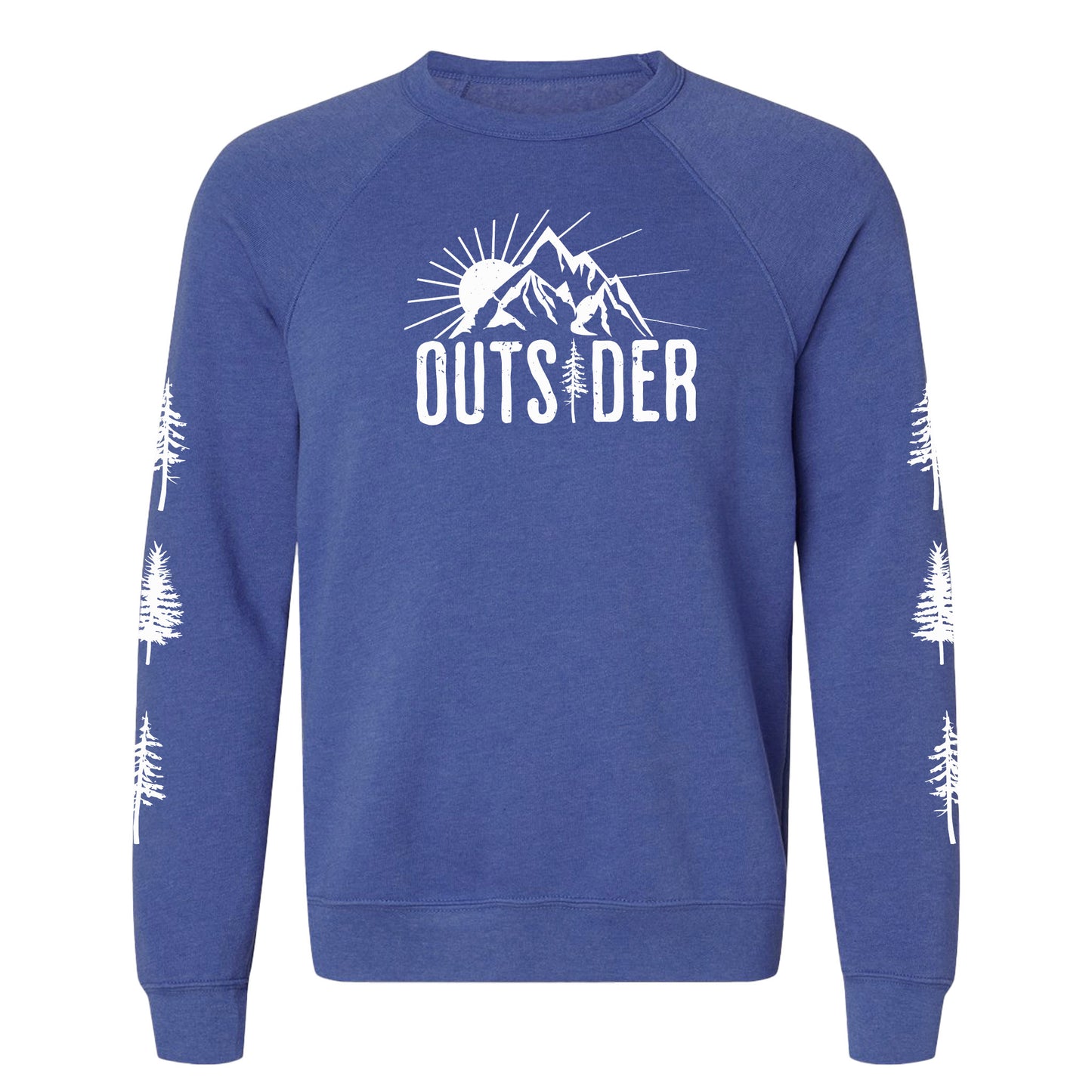 A royal blue, ultra-soft raglan sweatshirt for nature lovers and outdoor enthusiasts that has a sun behind a mountain and says, "Outsider", and has trees down both sleeves.