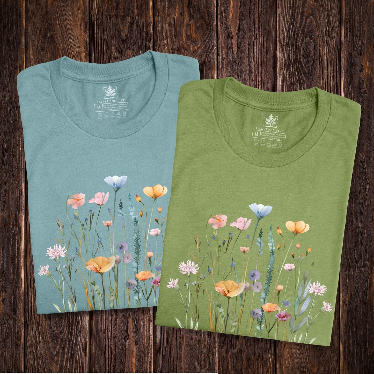 Pretty, soft, wildflower t-shirts for women and gardeners that has a print with pastel flowers on it.