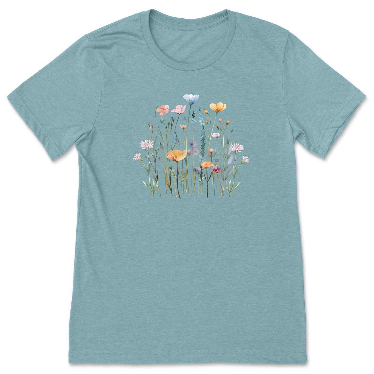 A pretty light blueish, soft, wildflower shirt for women and gardeners that has a print with pastel flowers on it.