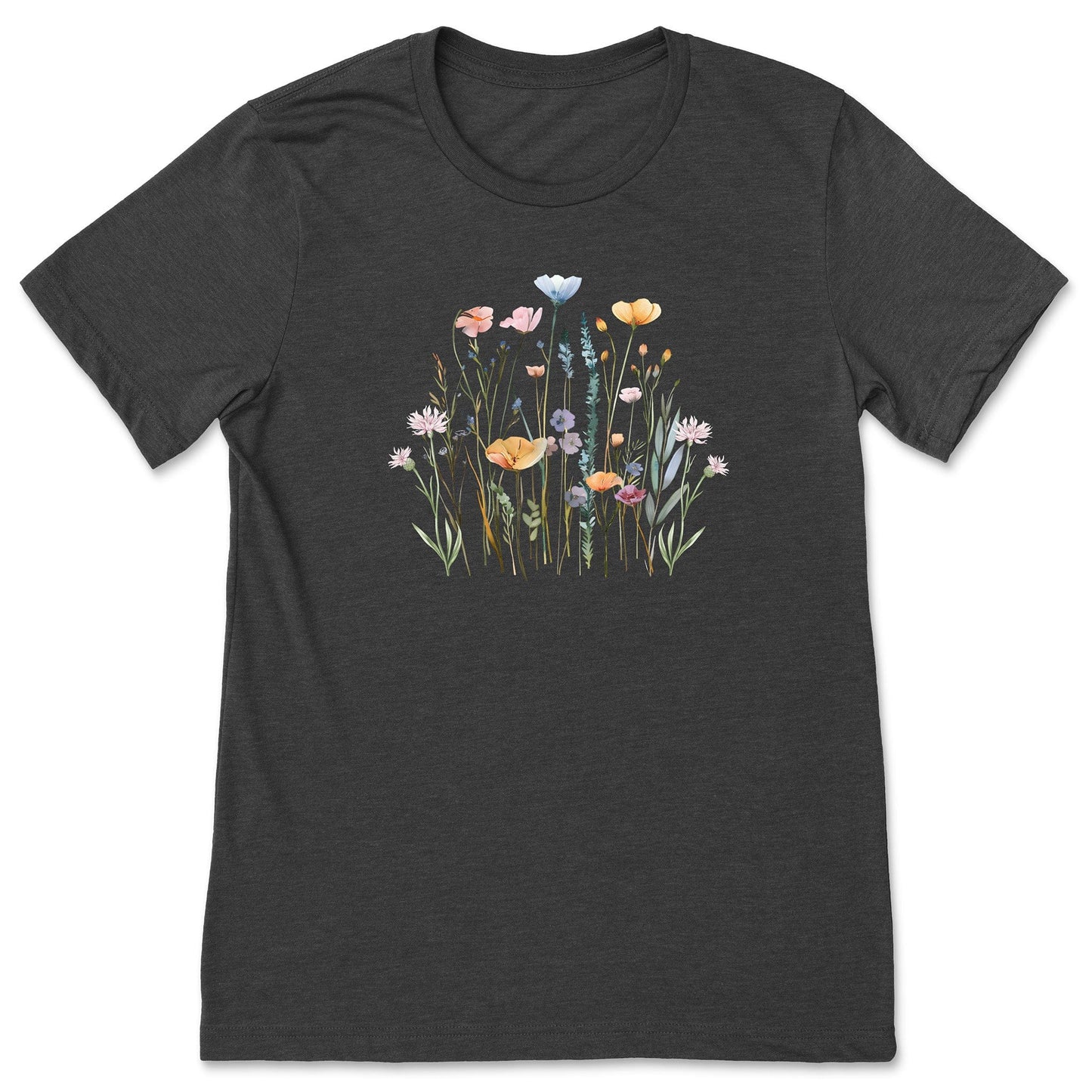 A pretty, dark gray, soft, wildflower shirt for women and gardeners that has a print with pastel flowers on it.