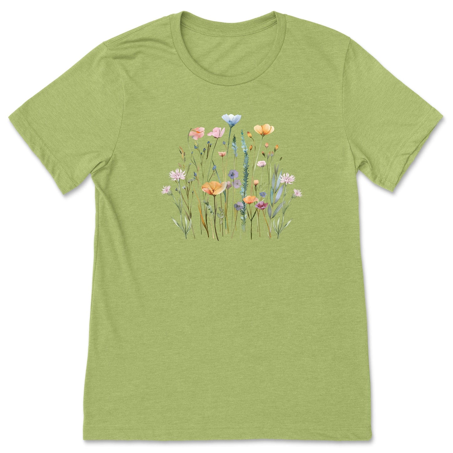 A pretty light green, soft, wildflower shirt for women and gardeners that has a print with pastel flowers on it.