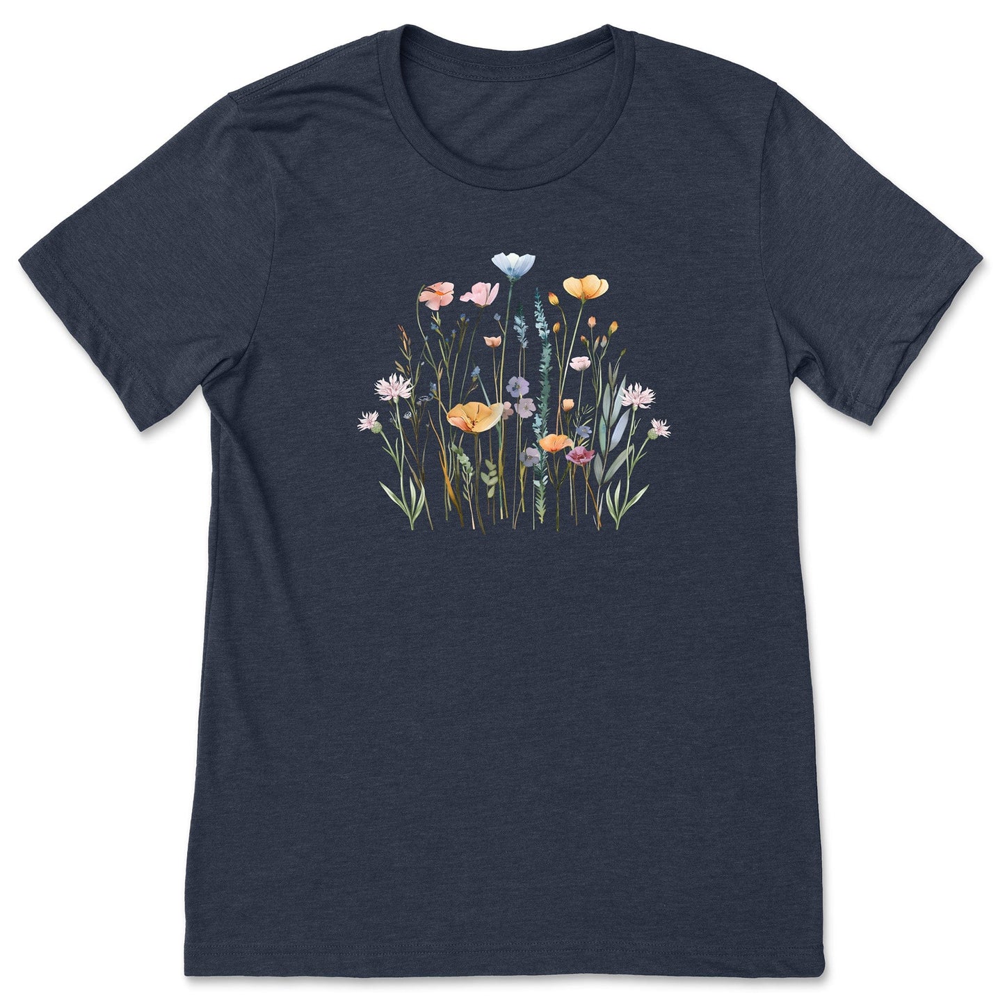 A pretty, navy, soft, wildflower shirt for women and gardeners that has a print with pastel flowers on it.
