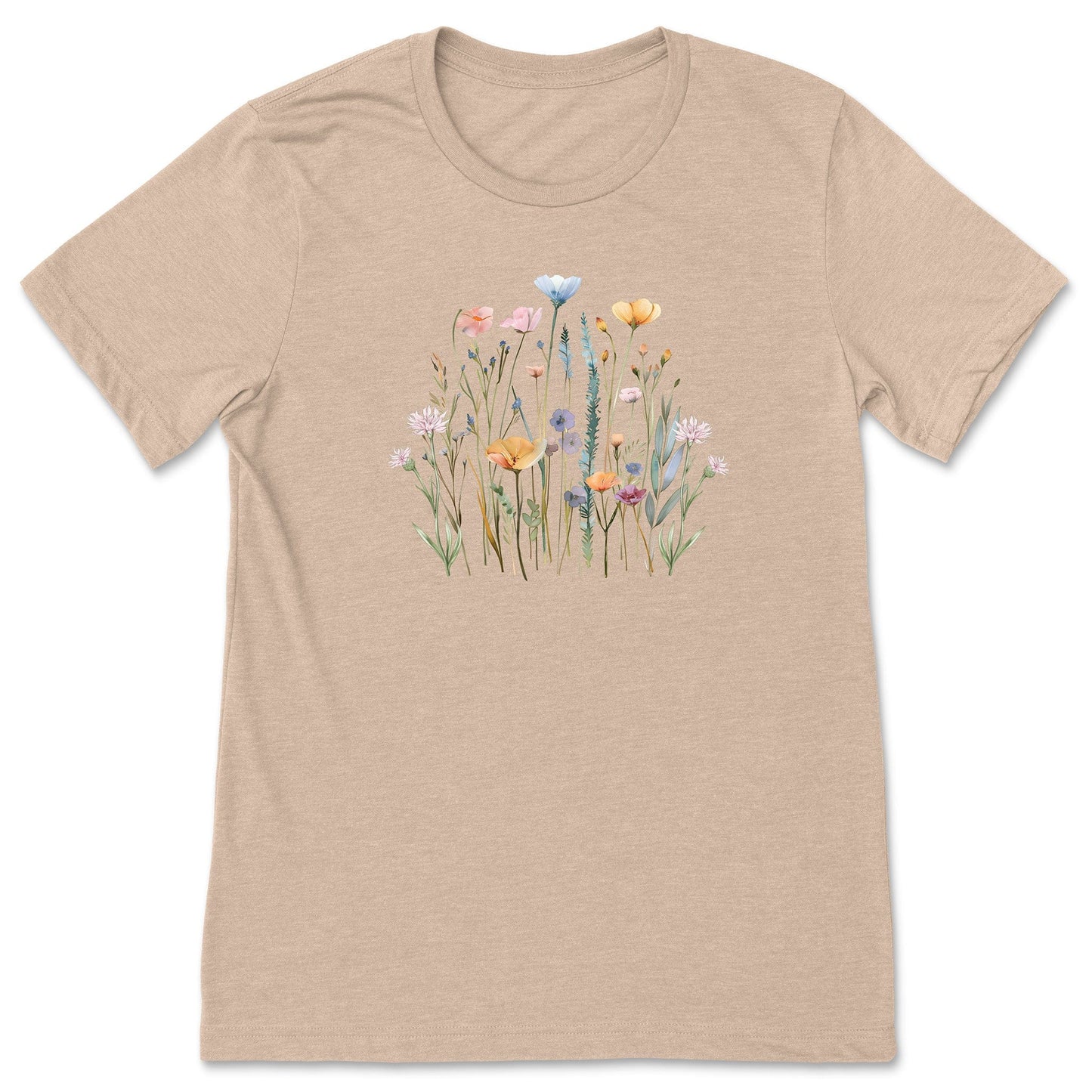 A pretty, light tan, soft, wildflower shirt for women and gardeners that has a print with pastel flowers on it.